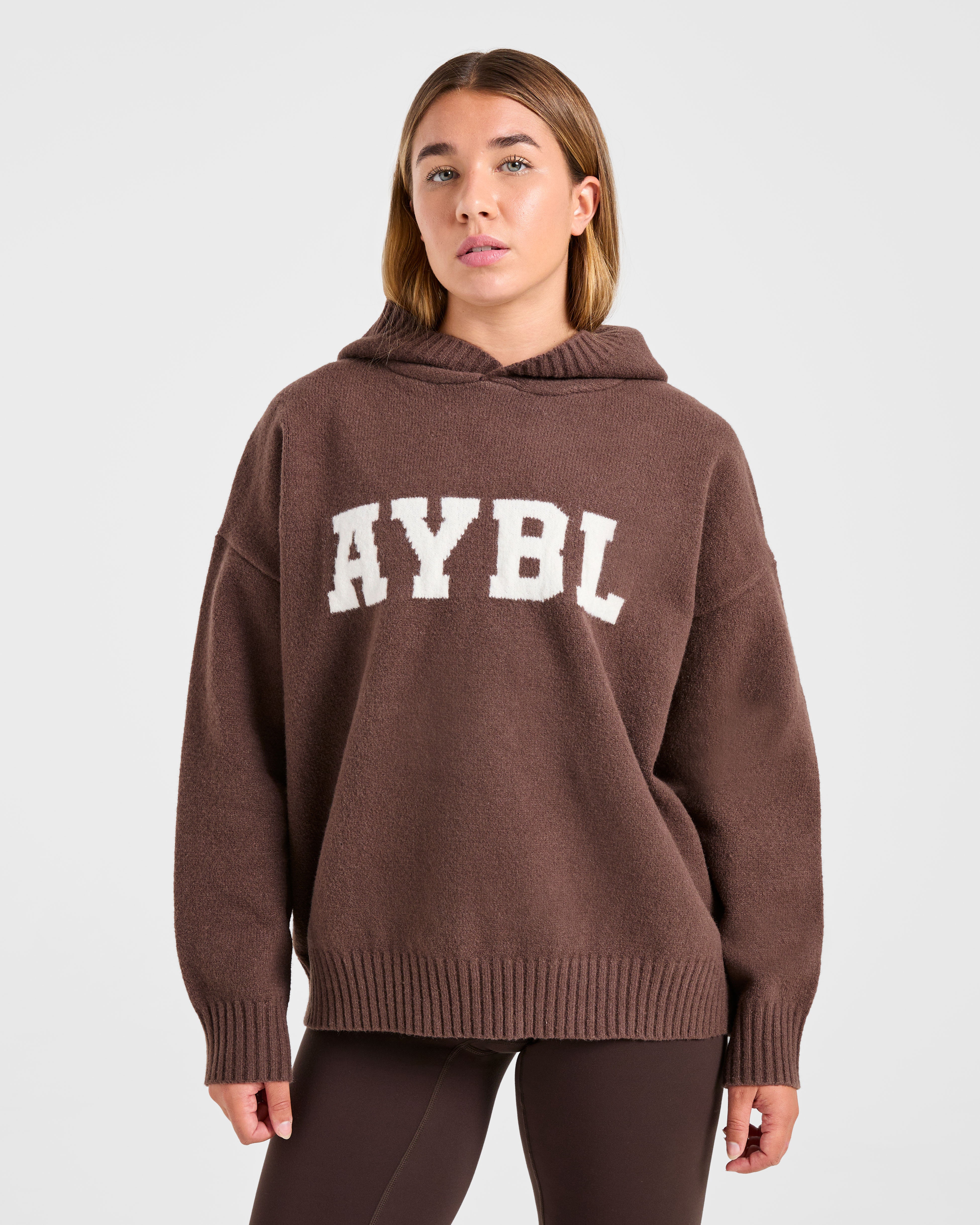 Varsity Oversized Knitted Hoodie - Brown
