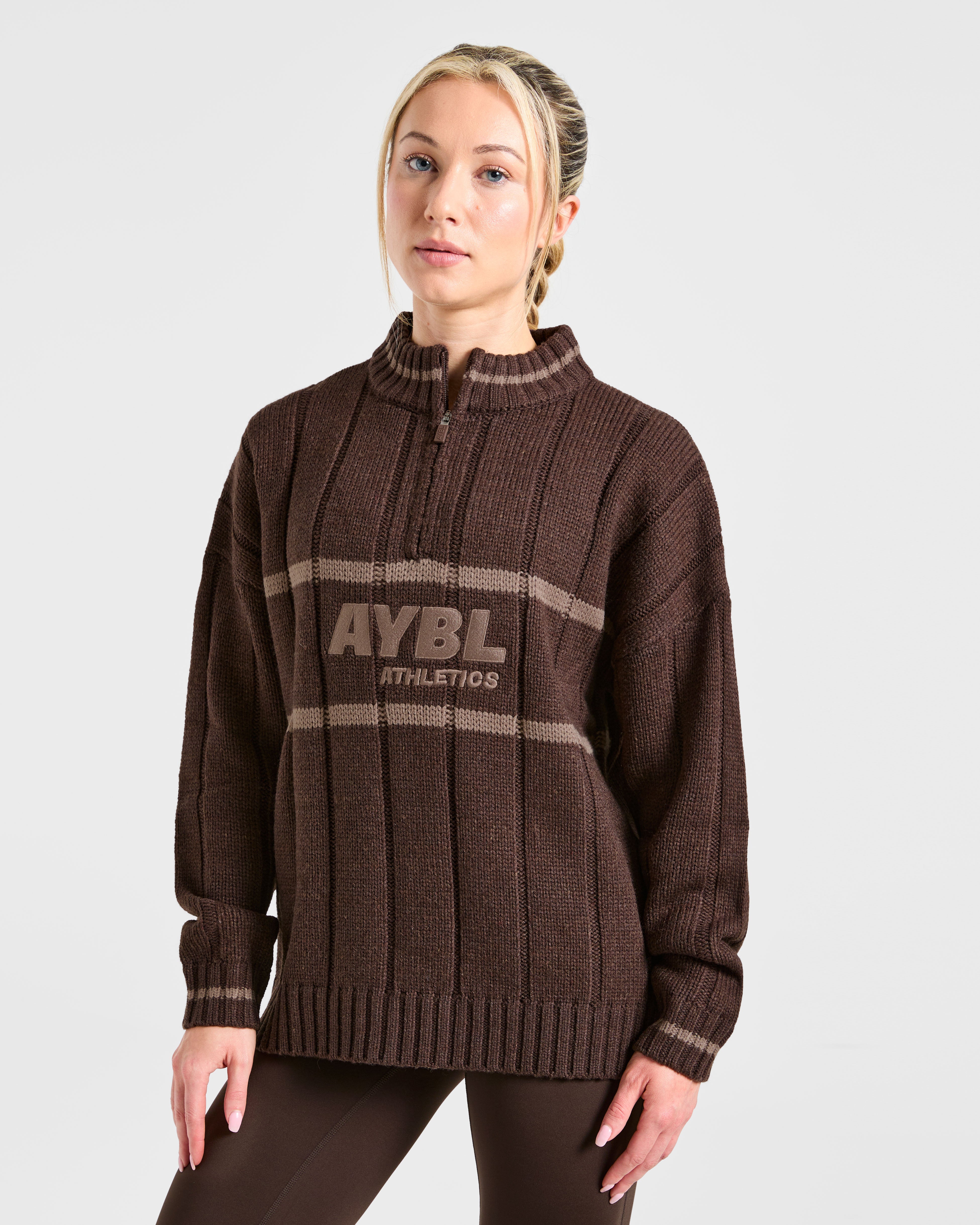 Athletics Oversized Knitted 1/4 Zip - Brown