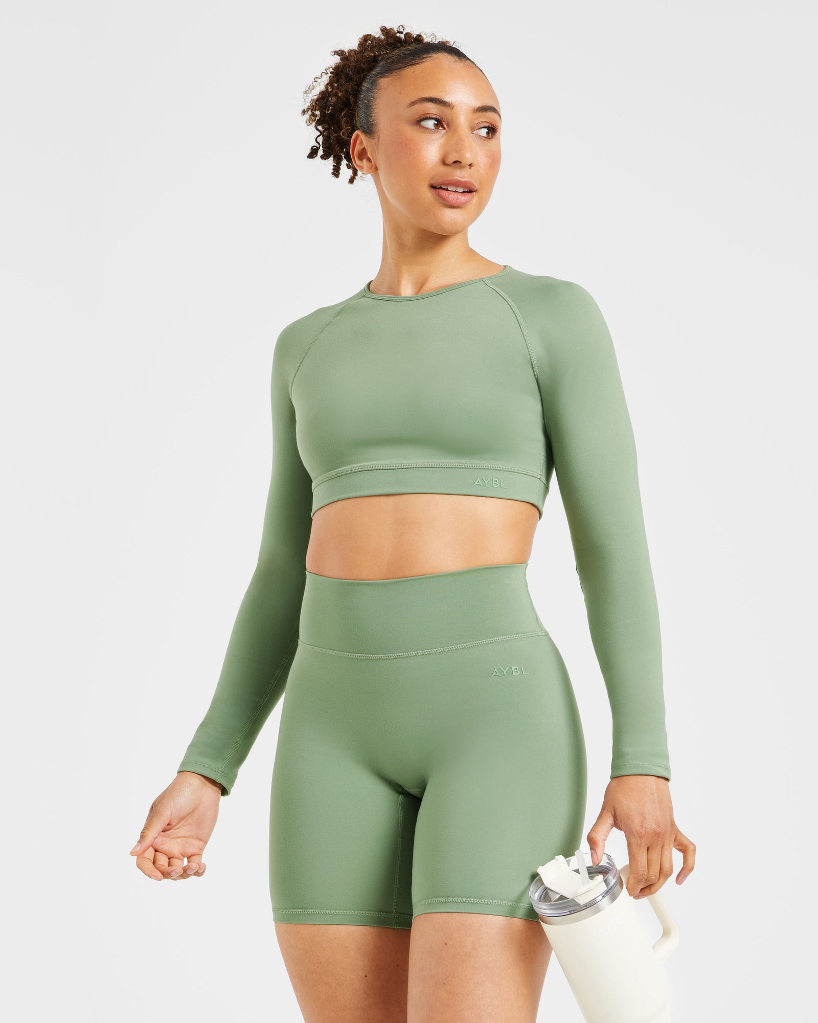 Staple Long Sleeve Crop Top - Olive Green