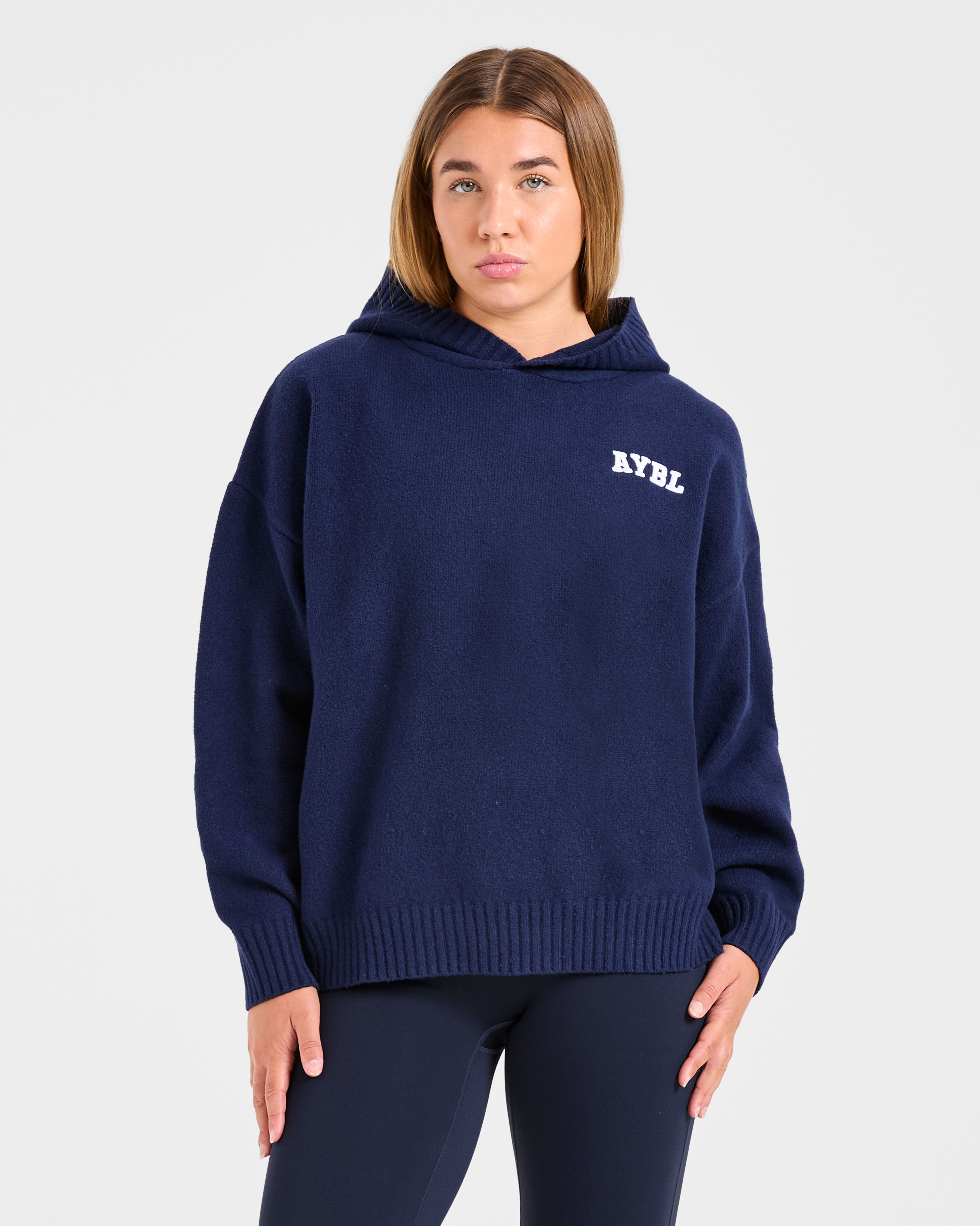 Varsity Minimal Logo Oversized Knitted Hoodie - Navy