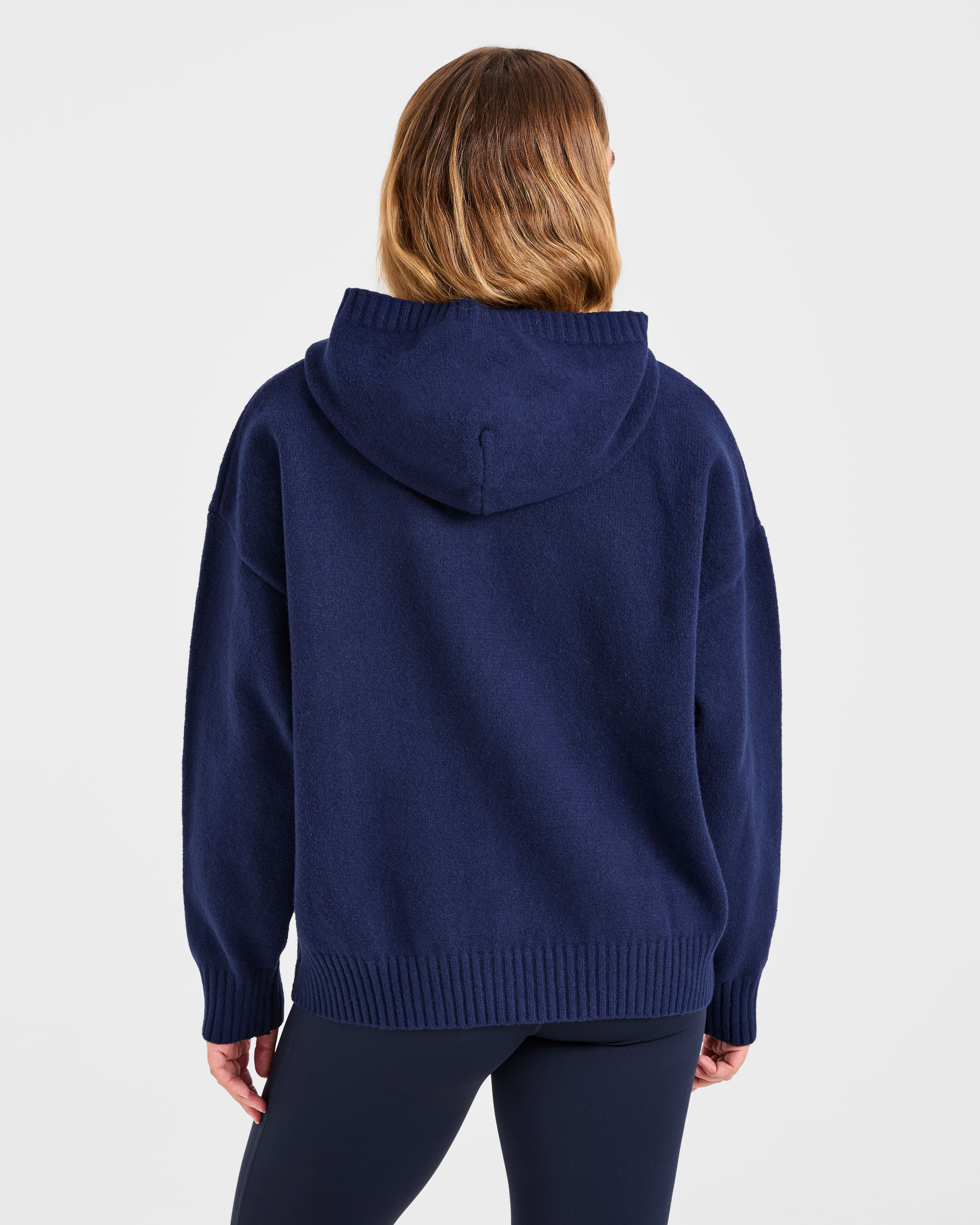 Varsity Minimal Logo Oversized Knitted Hoodie - Navy
