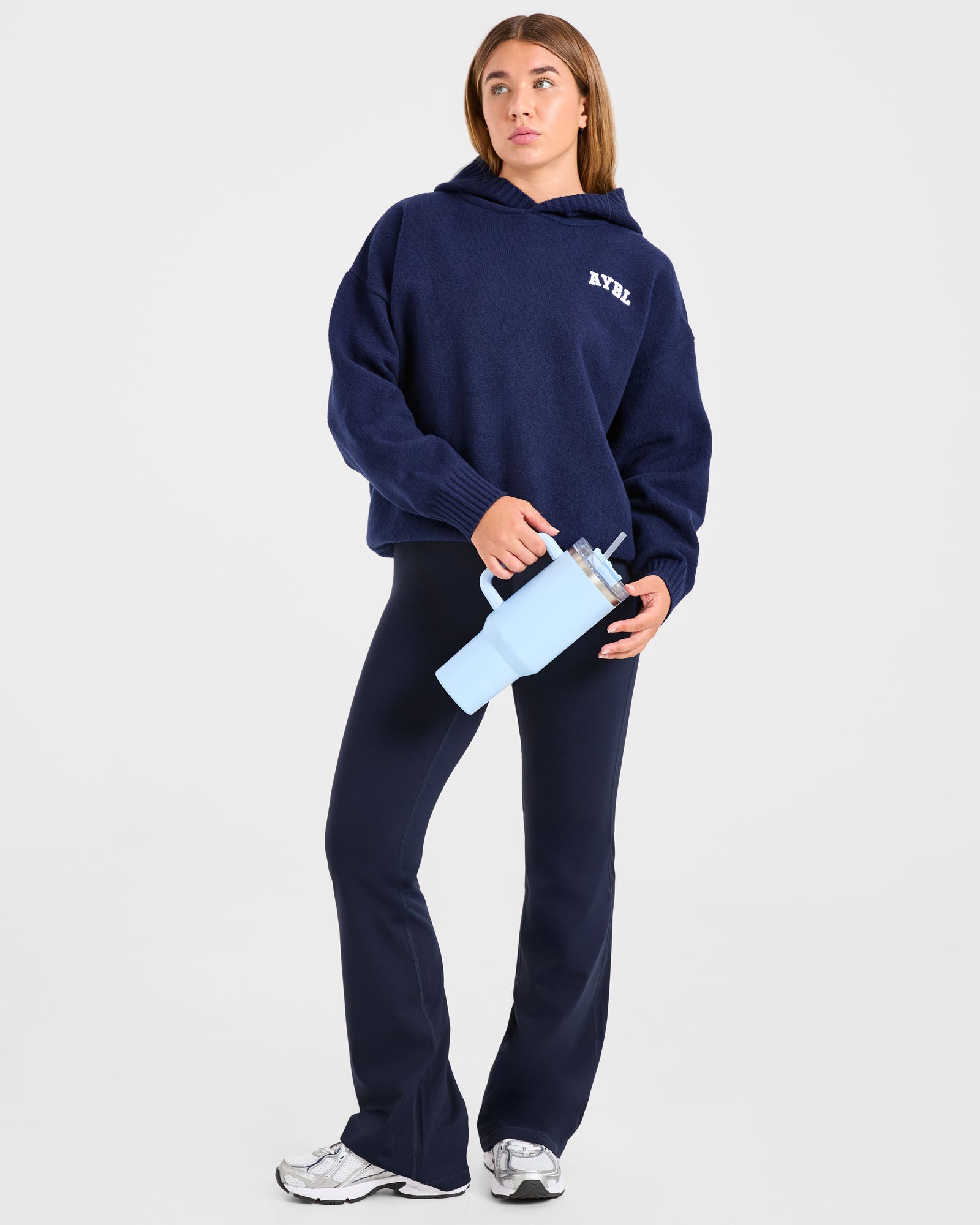 Varsity Minimal Logo Oversized Knitted Hoodie - Navy