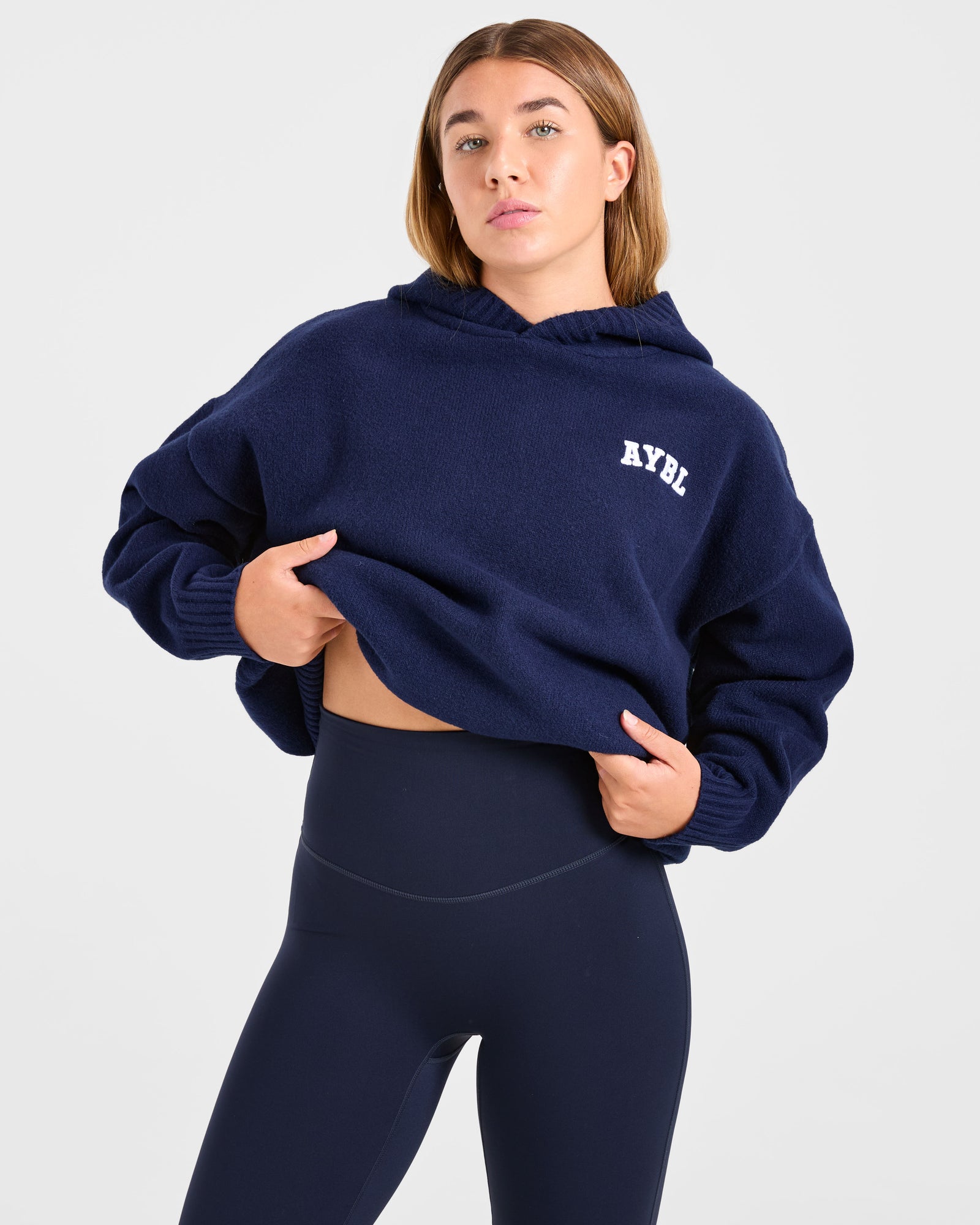 Varsity Minimal Logo Oversized Knitted Hoodie - Navy