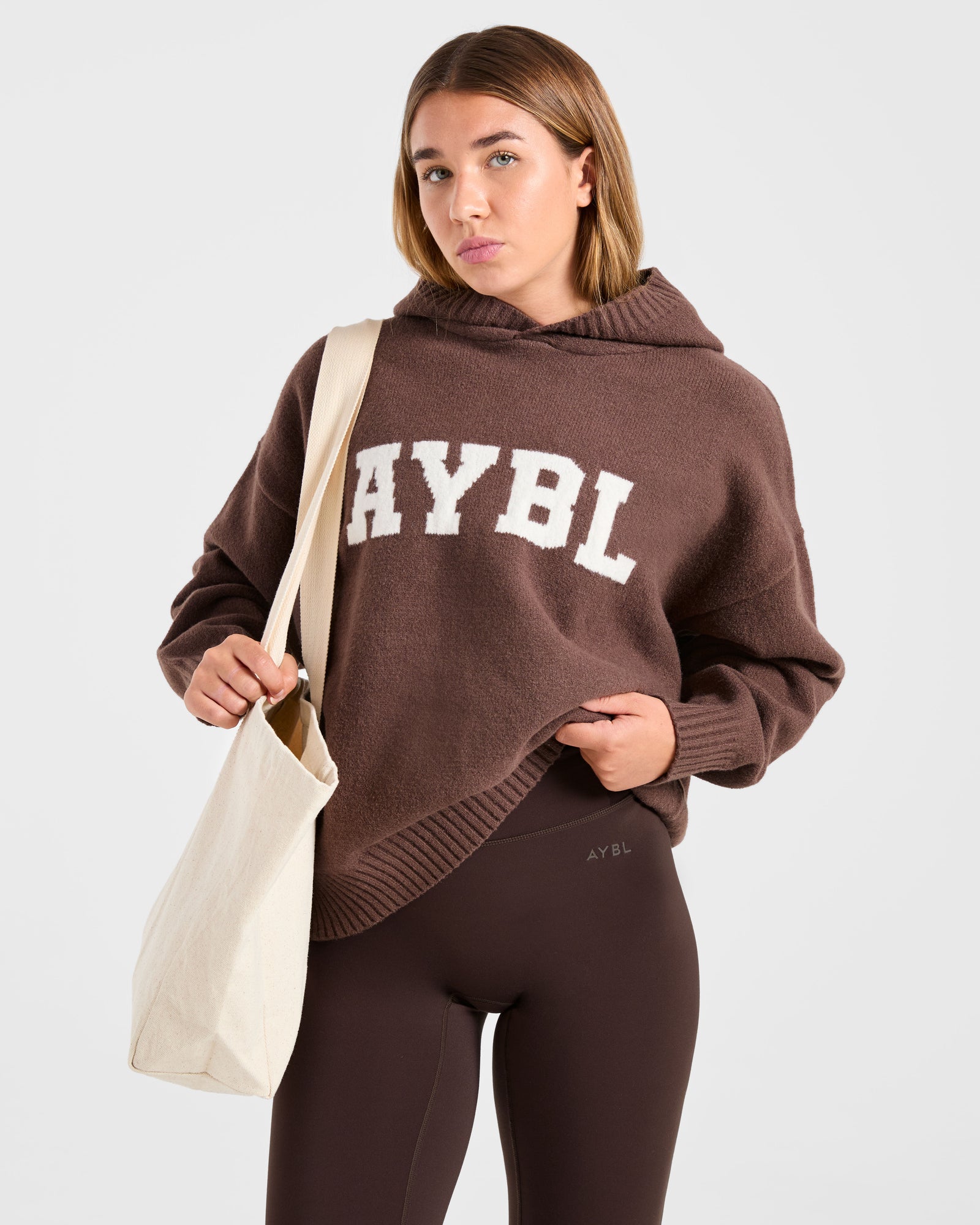 Varsity Oversized Knitted Hoodie - Brown
