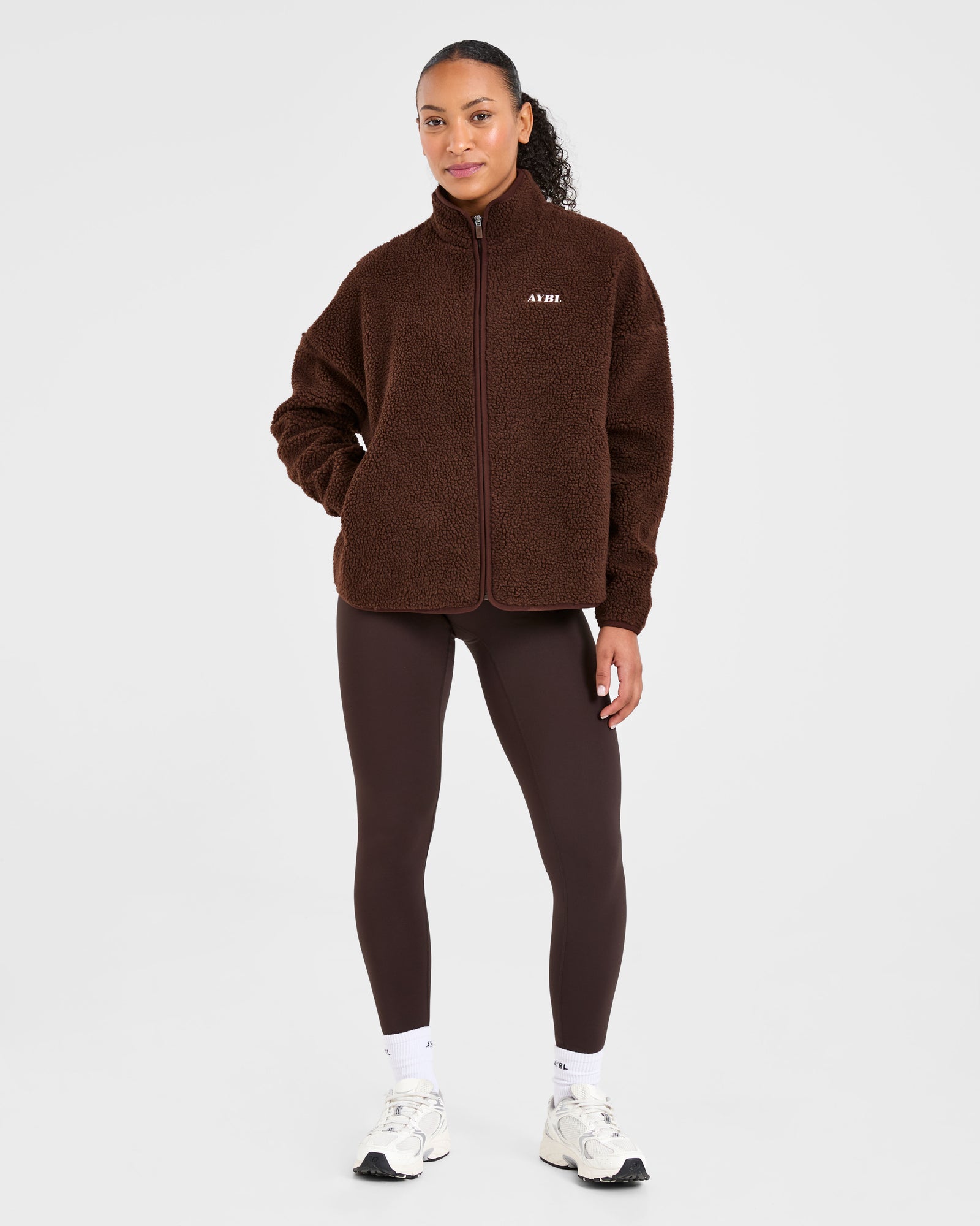 Oversized Zip Up Fleece Jacket - Brown