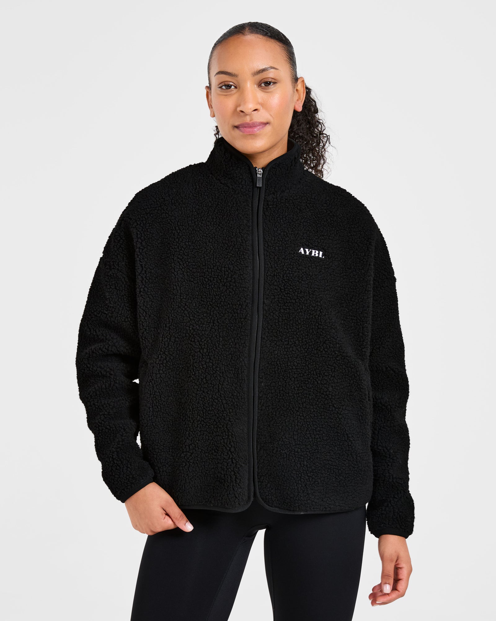 Oversized Zip Up Fleece Jacket - Black