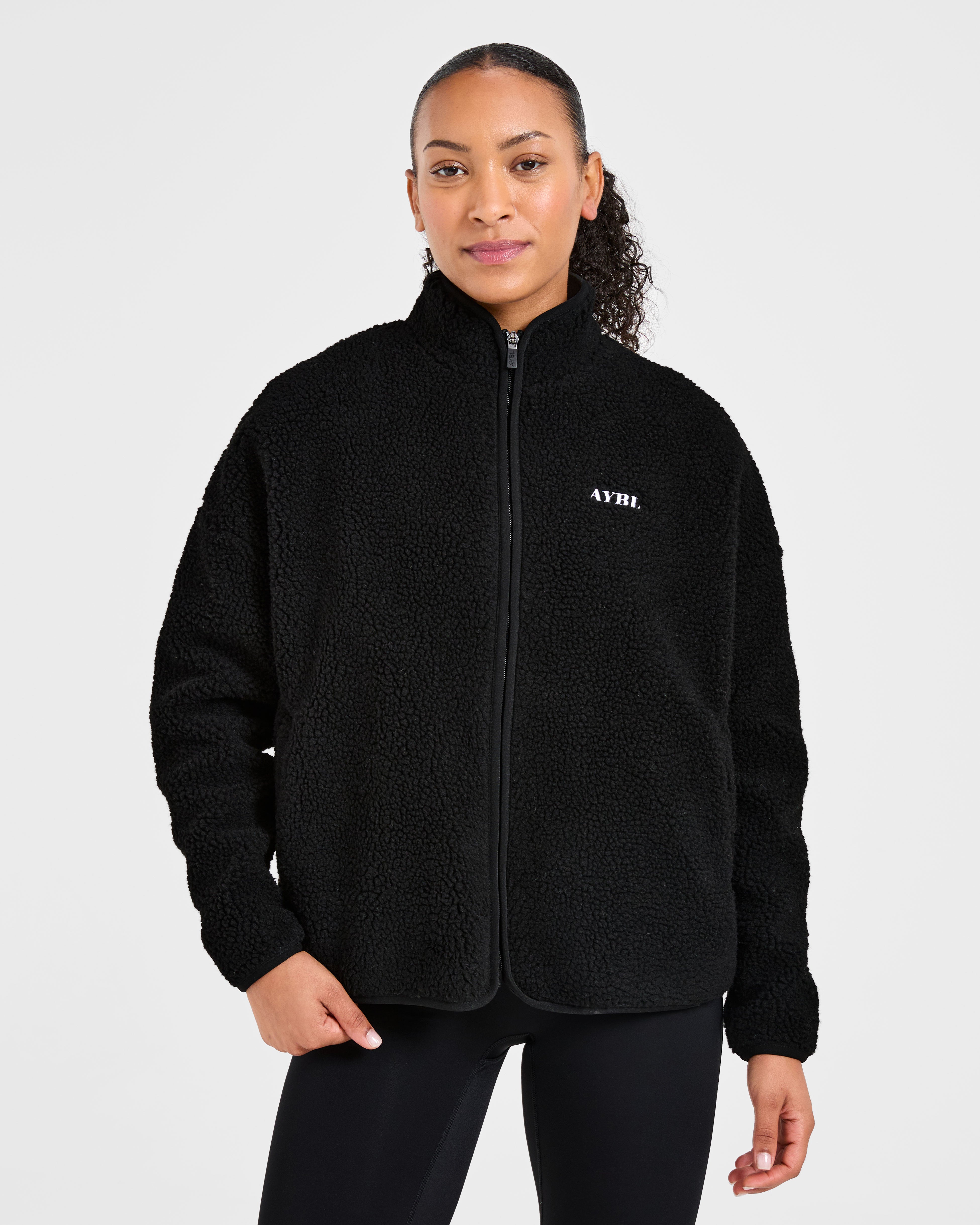 Oversized Zip Up Fleece Jacket - Black