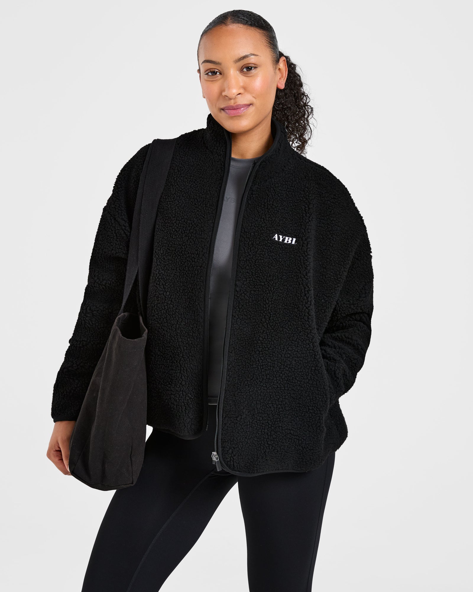 Oversized Zip Up Fleece Jacket - Black