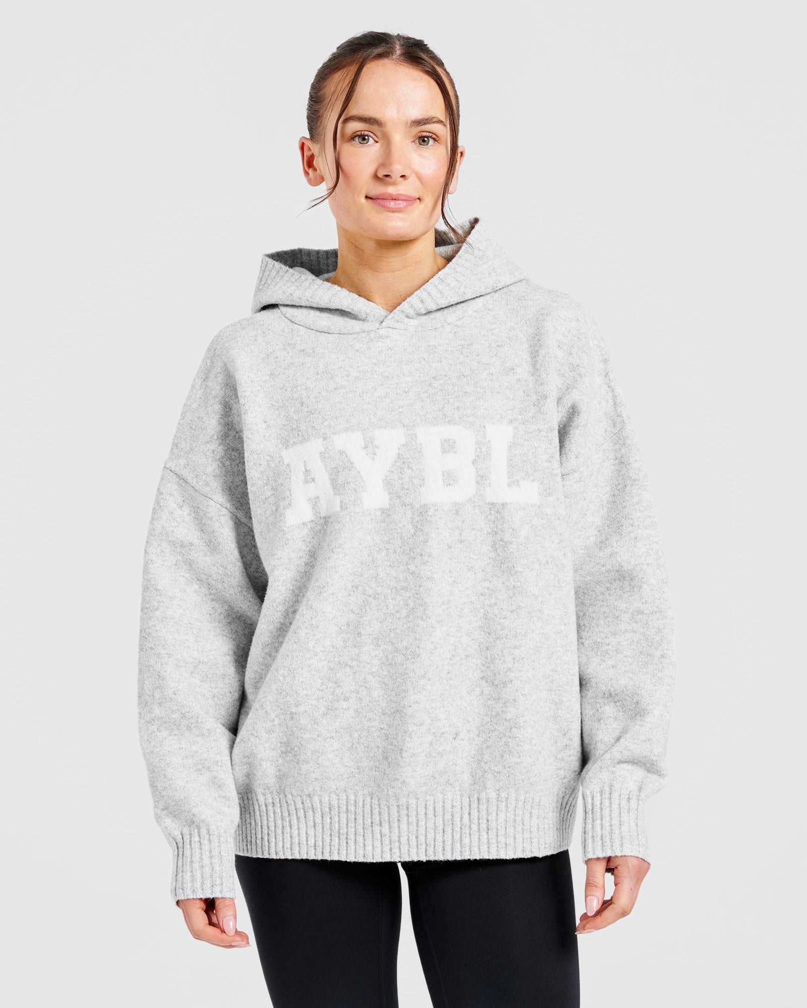 Varsity Oversized Knitted Hoodie - Grey Marl