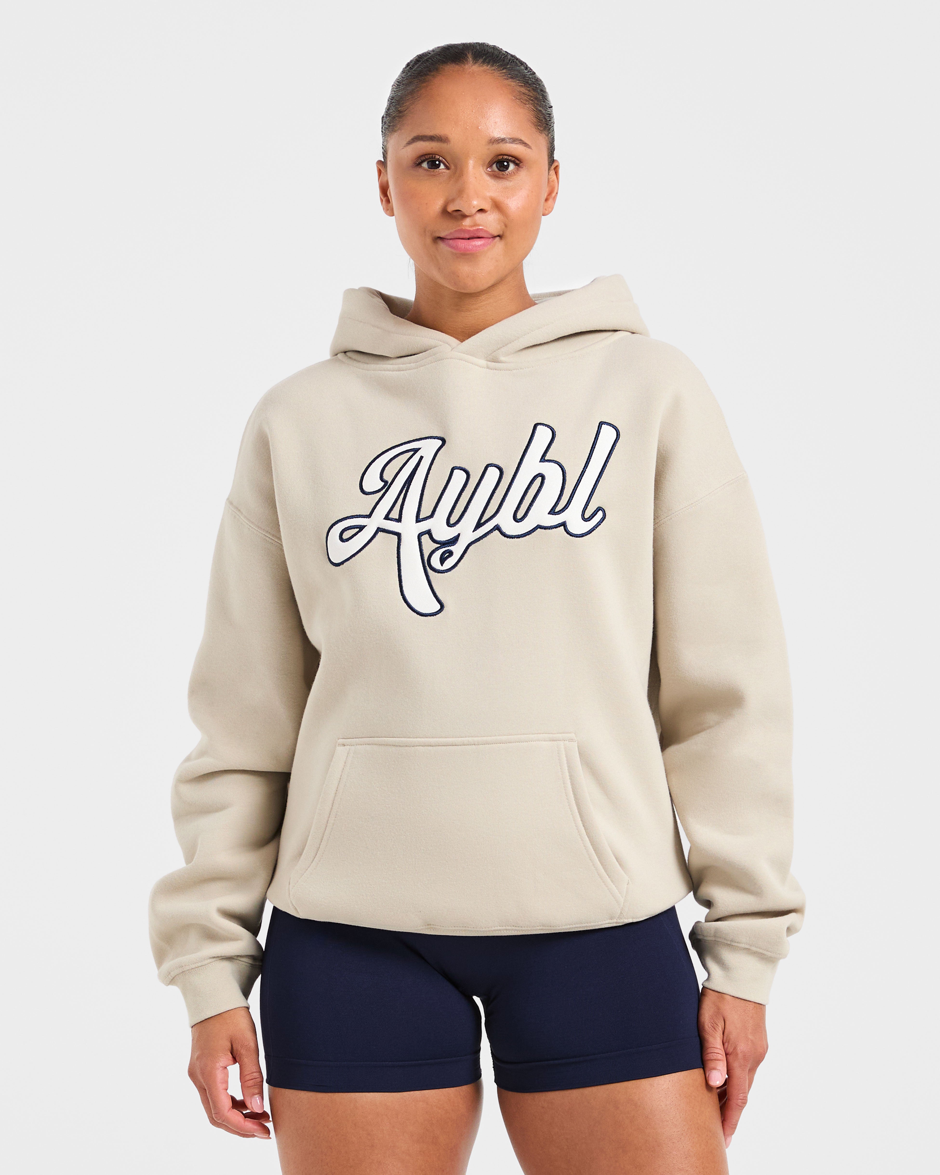 Script Embroidered Oversized Hoodie - Sand/Navy