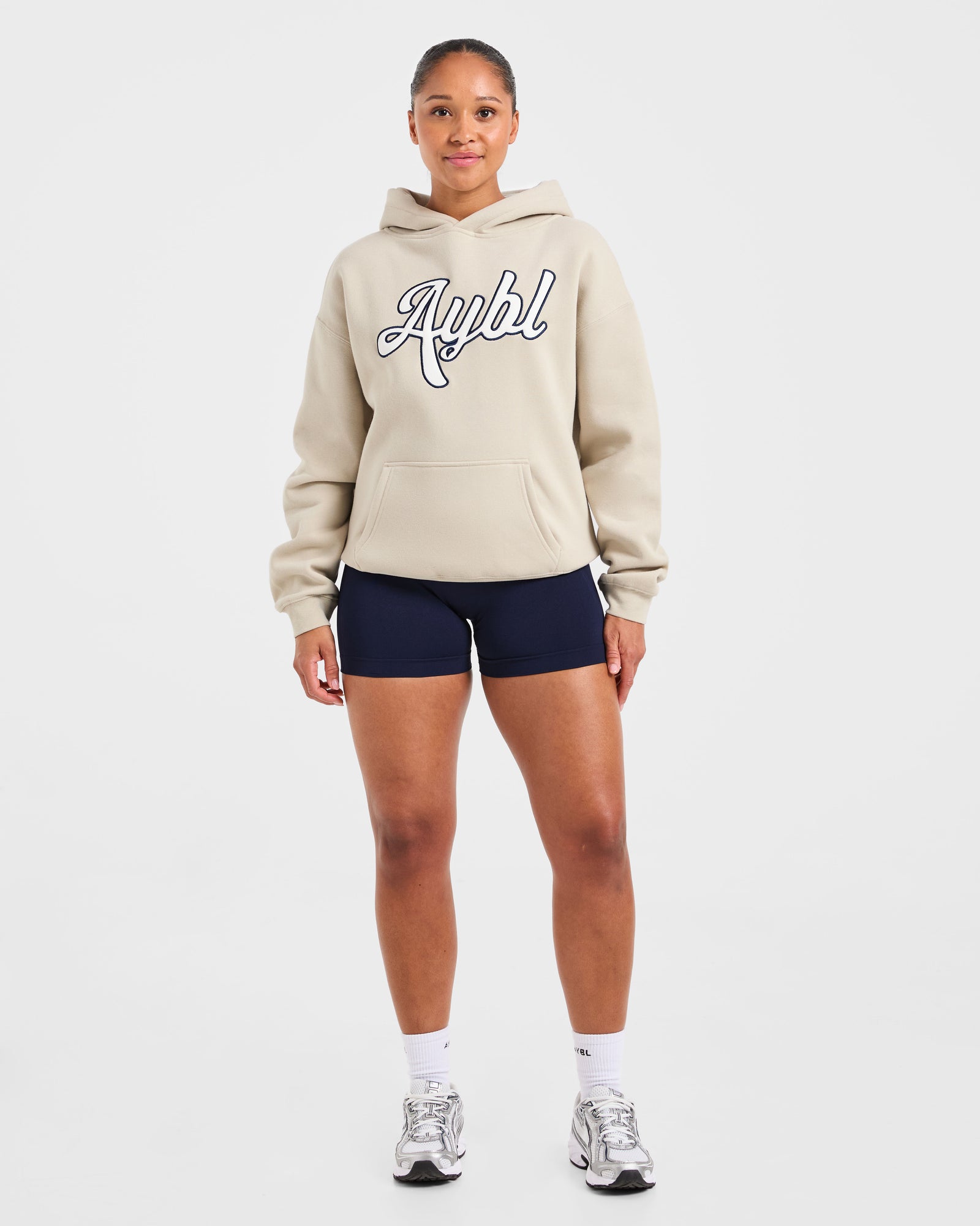 Script Embroidered Oversized Hoodie - Sand/Navy