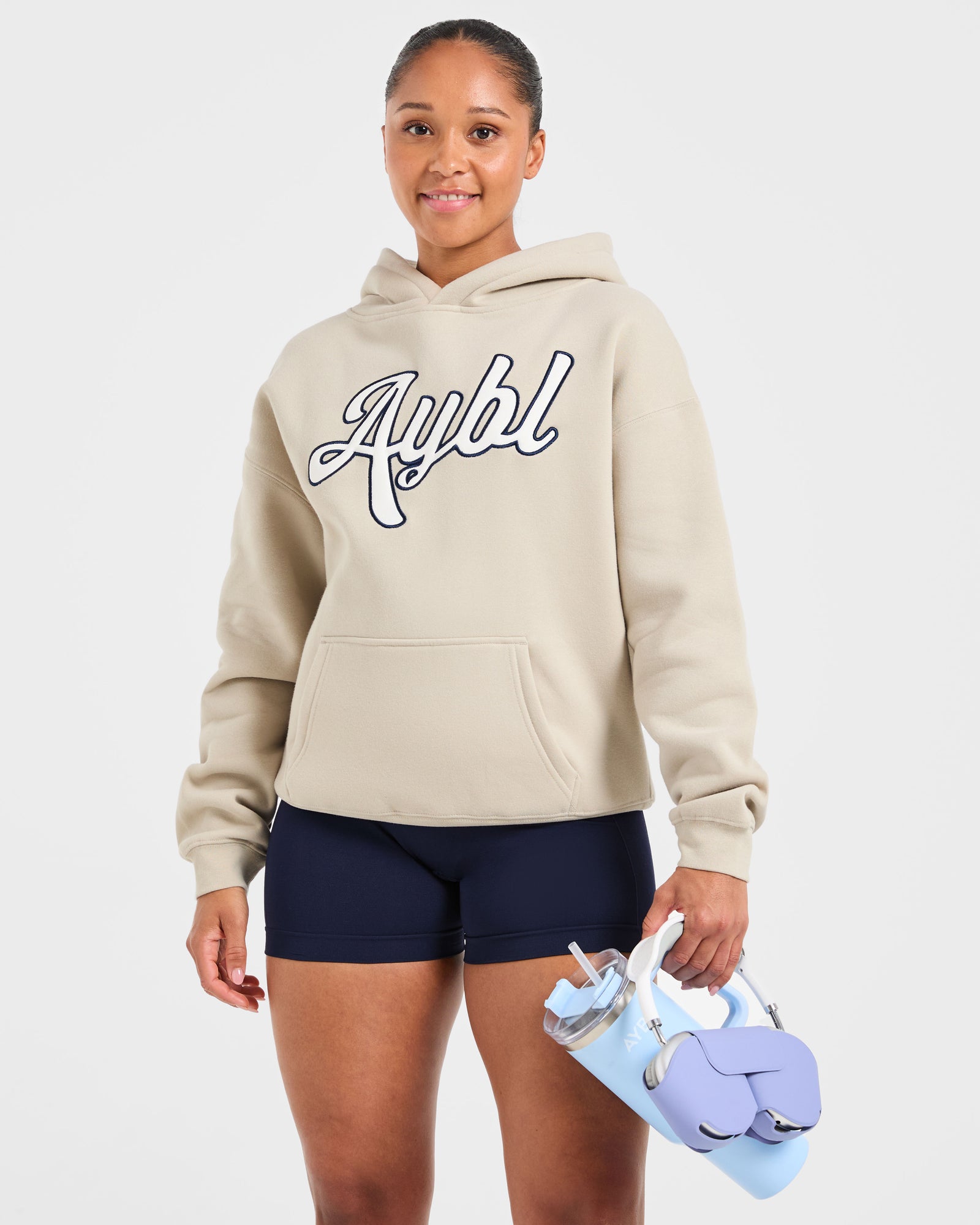 Script Embroidered Oversized Hoodie - Sand/Navy