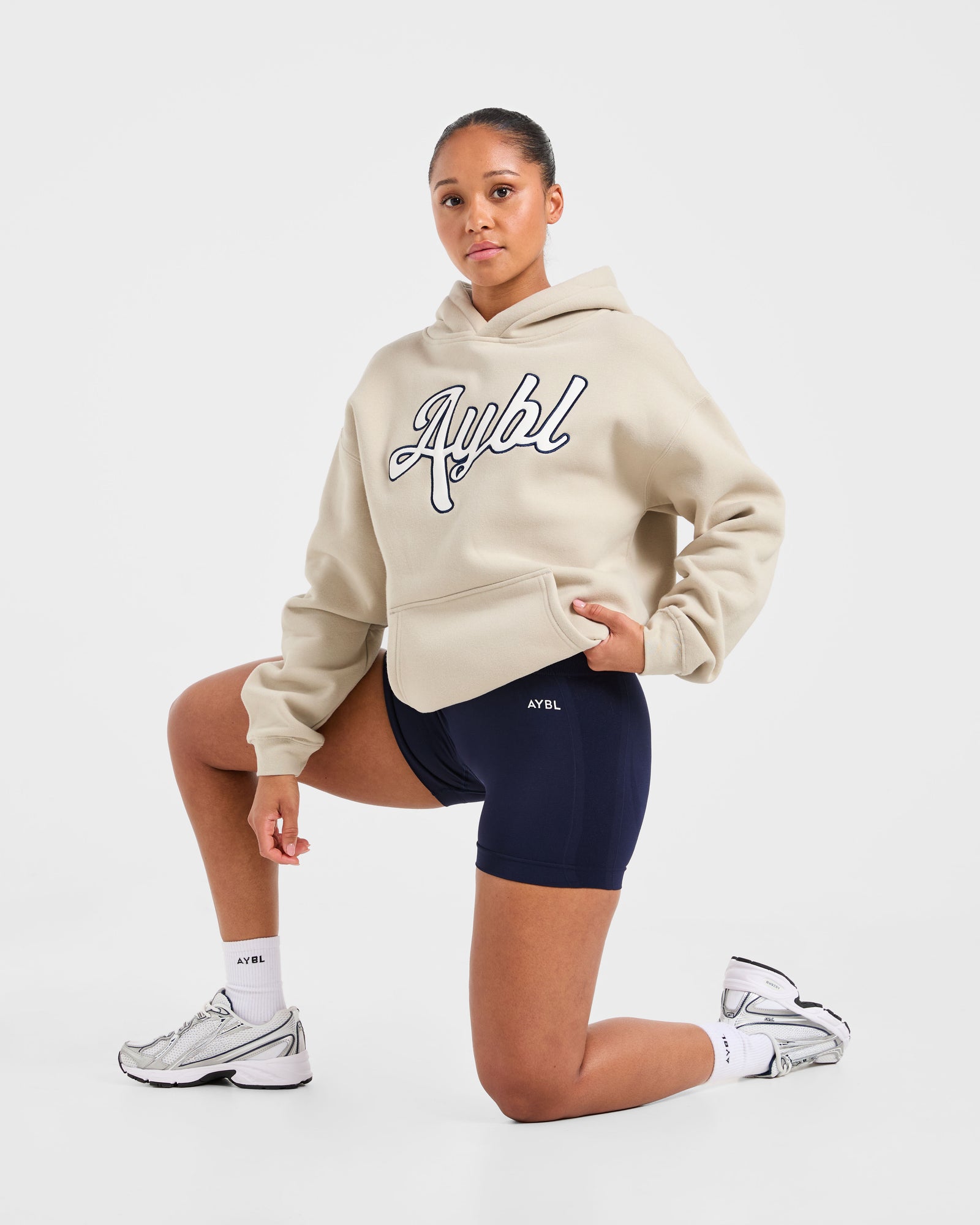 Script Embroidered Oversized Hoodie - Sand/Navy