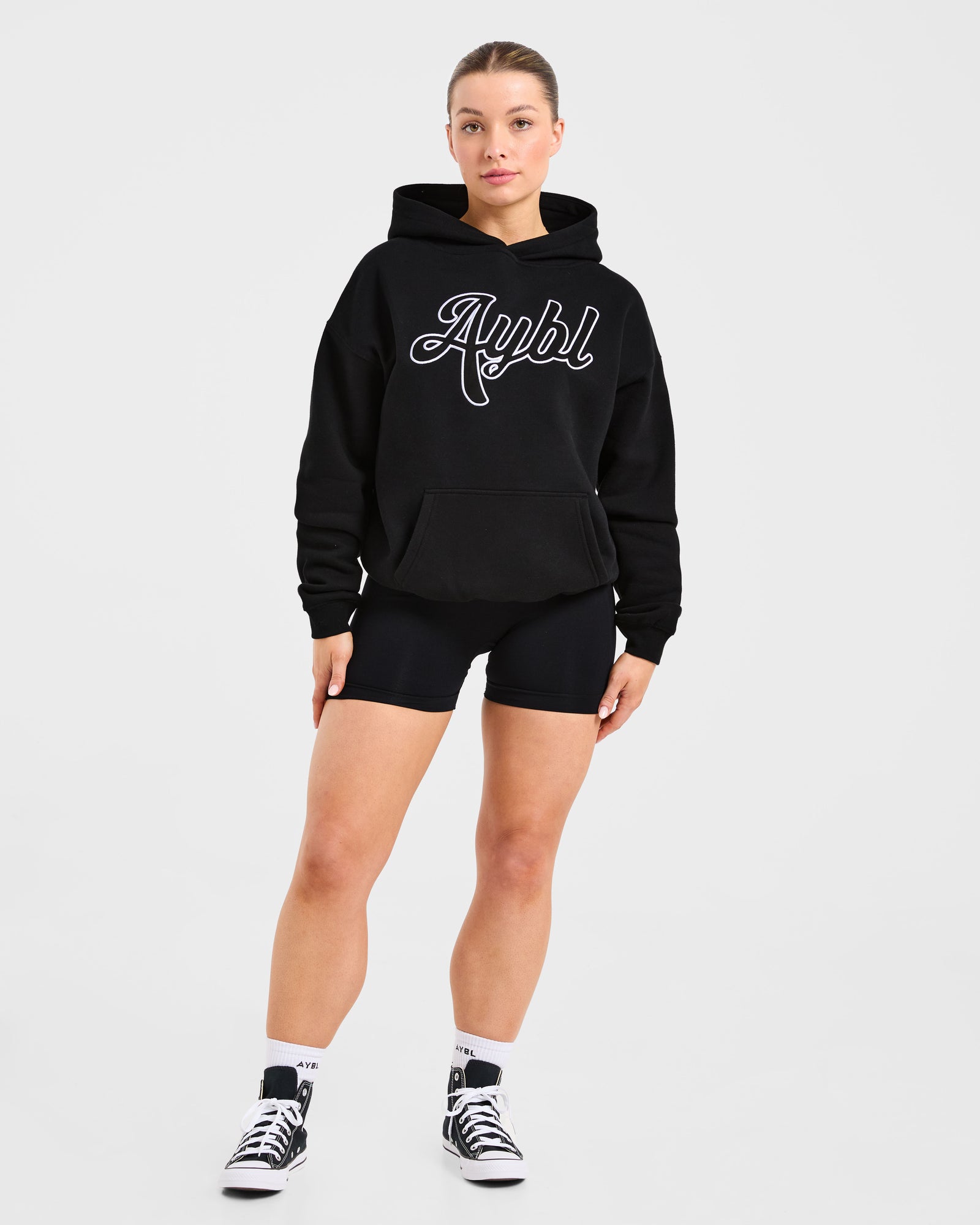 Script Embroidered Oversized Hoodie - Black