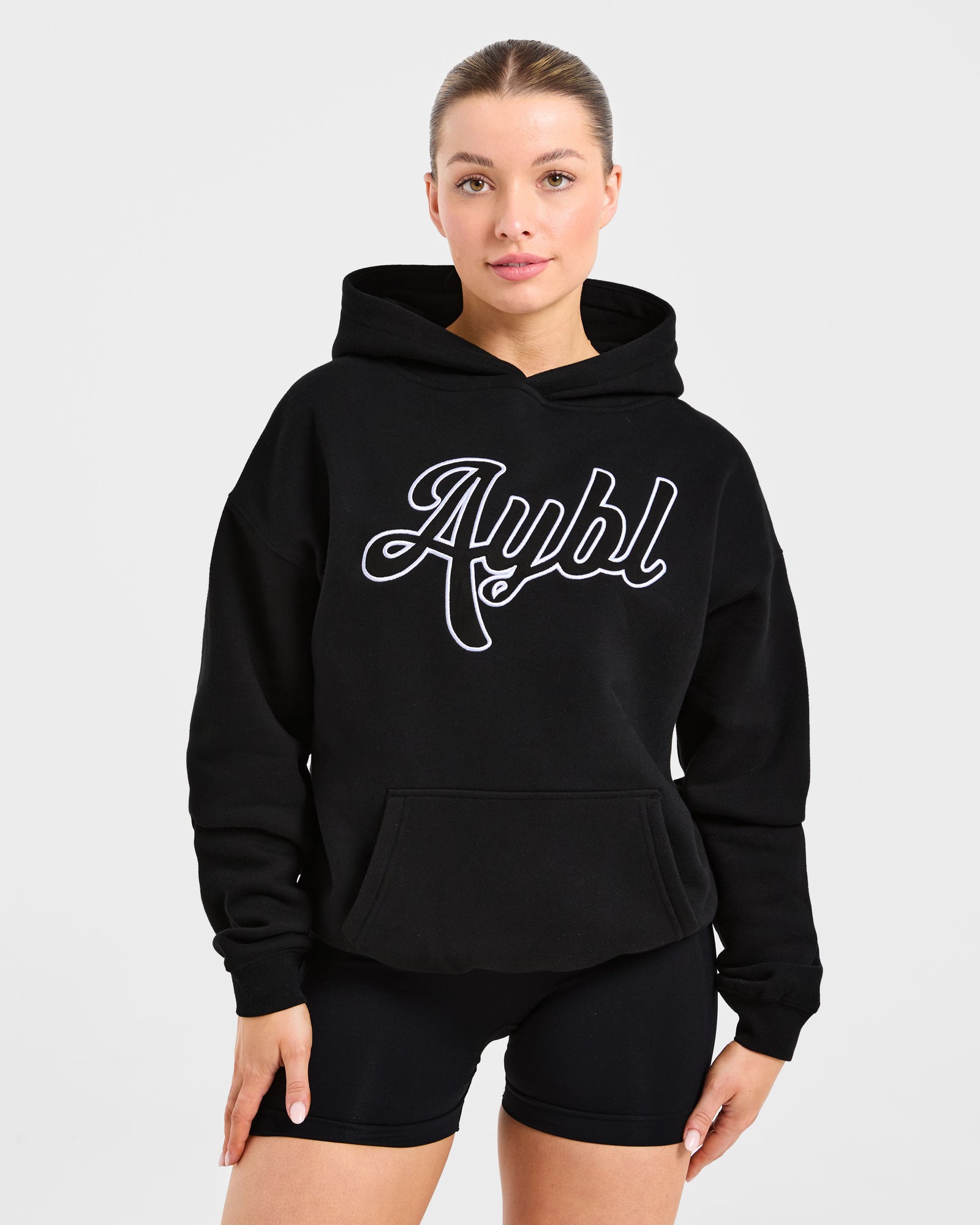 Script Embroidered Oversized Hoodie - Black