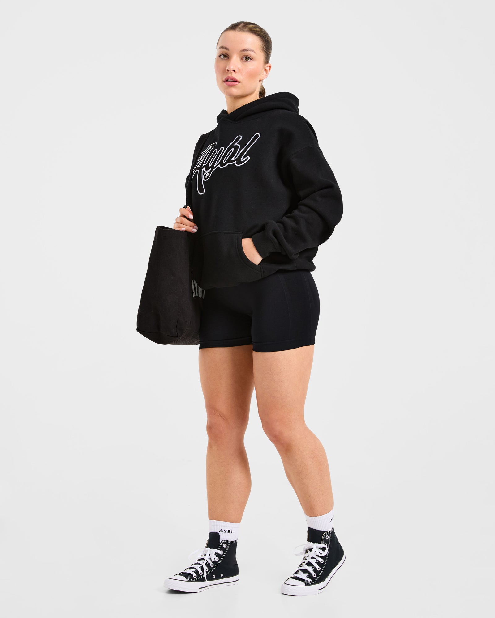 Script Embroidered Oversized Hoodie - Black