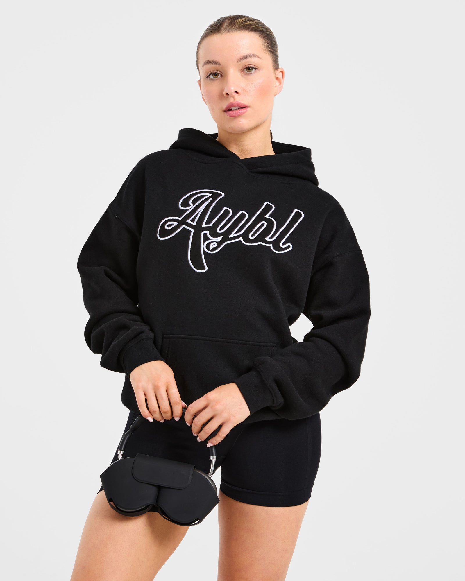 Script Embroidered Oversized Hoodie - Black