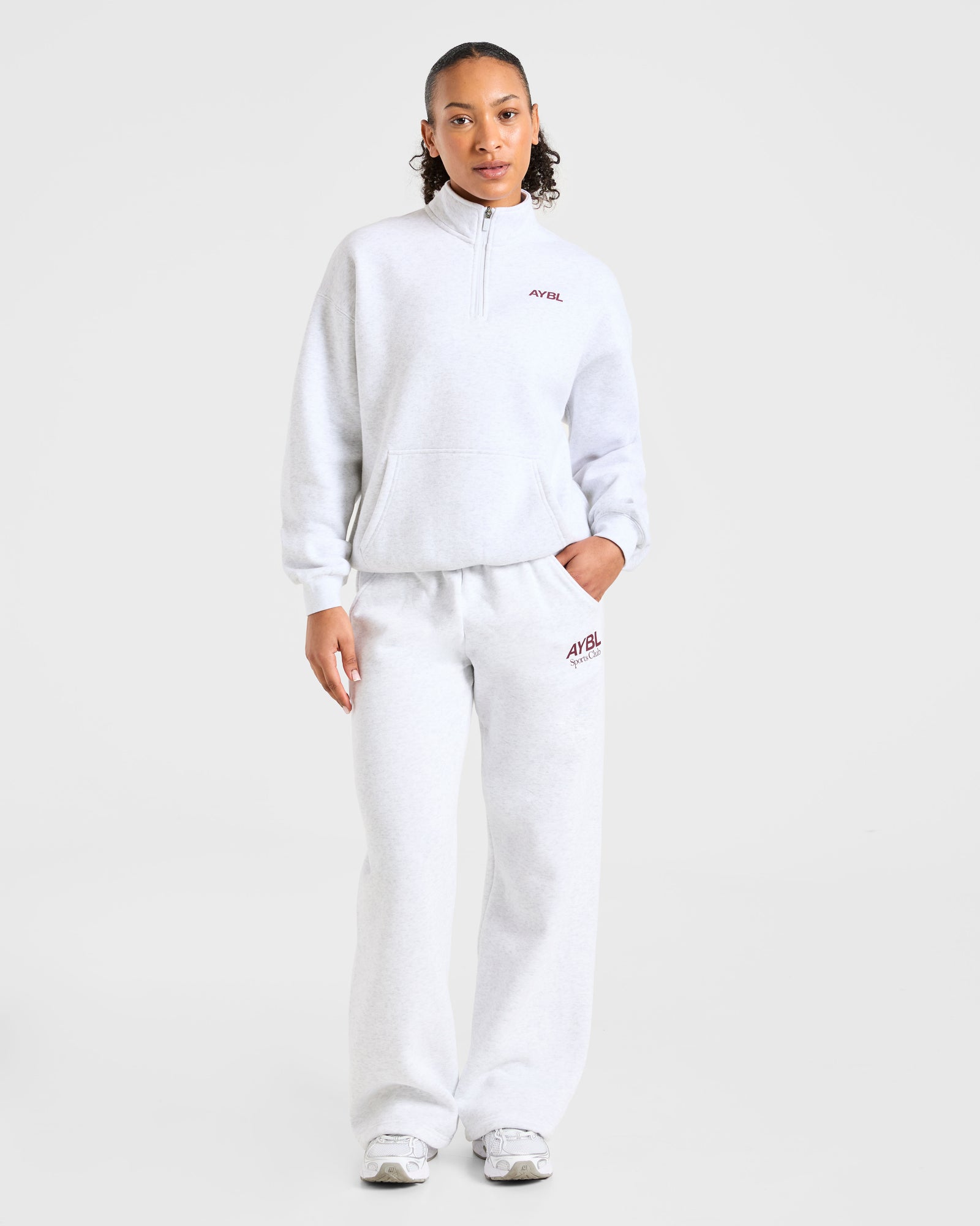 Sports Club Oversized 1/4 Zip Pullover - Grey Marl/Burgundy