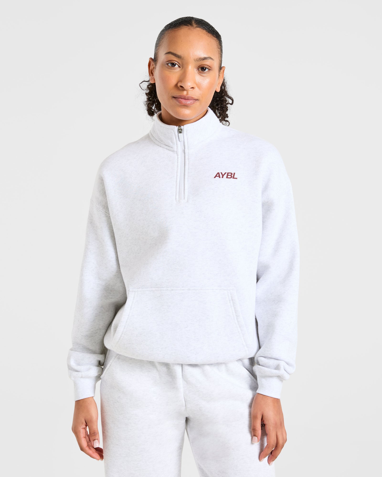 Sports Club Oversized 1/4 Zip Pullover - Grey Marl/Burgundy