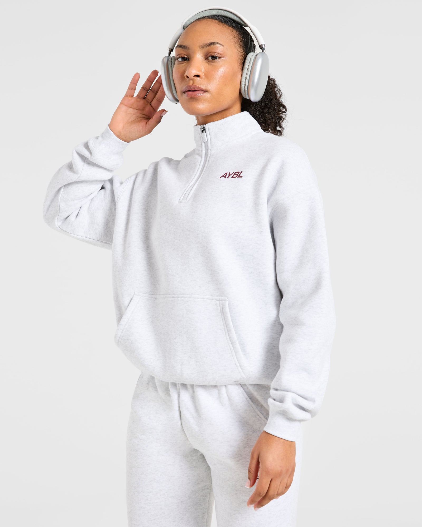 Sports Club Oversized 1/4 Zip Pullover - Grey Marl/Burgundy