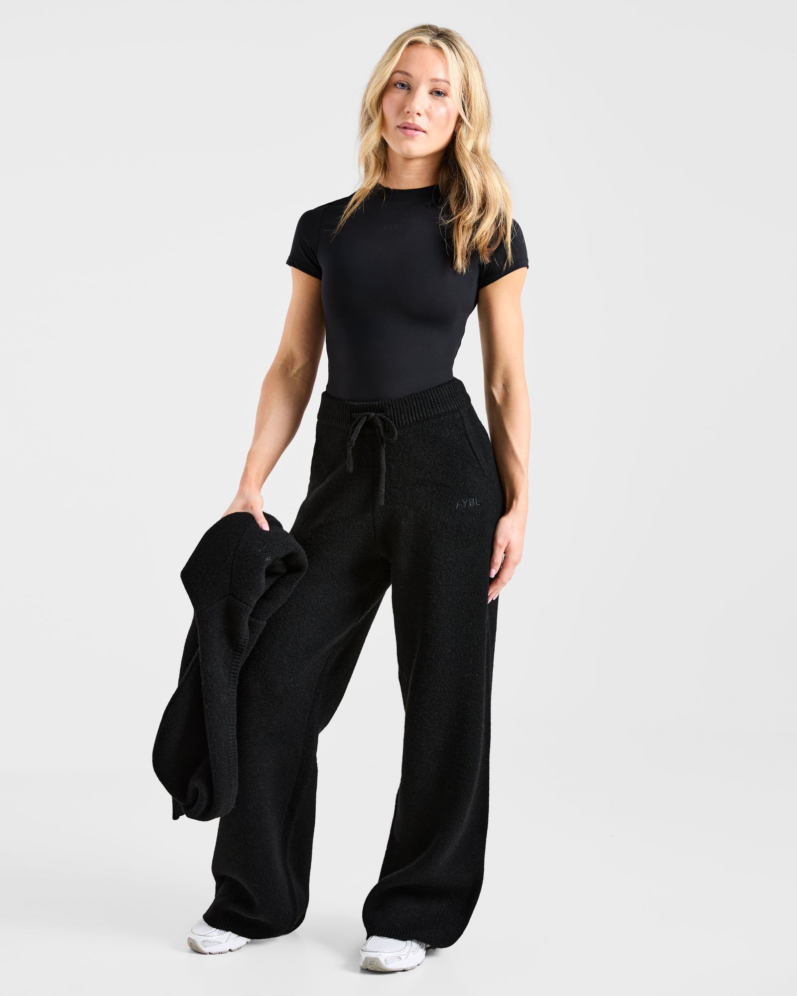 Soft Oversized Knitted Straight Leg Joggers - Black