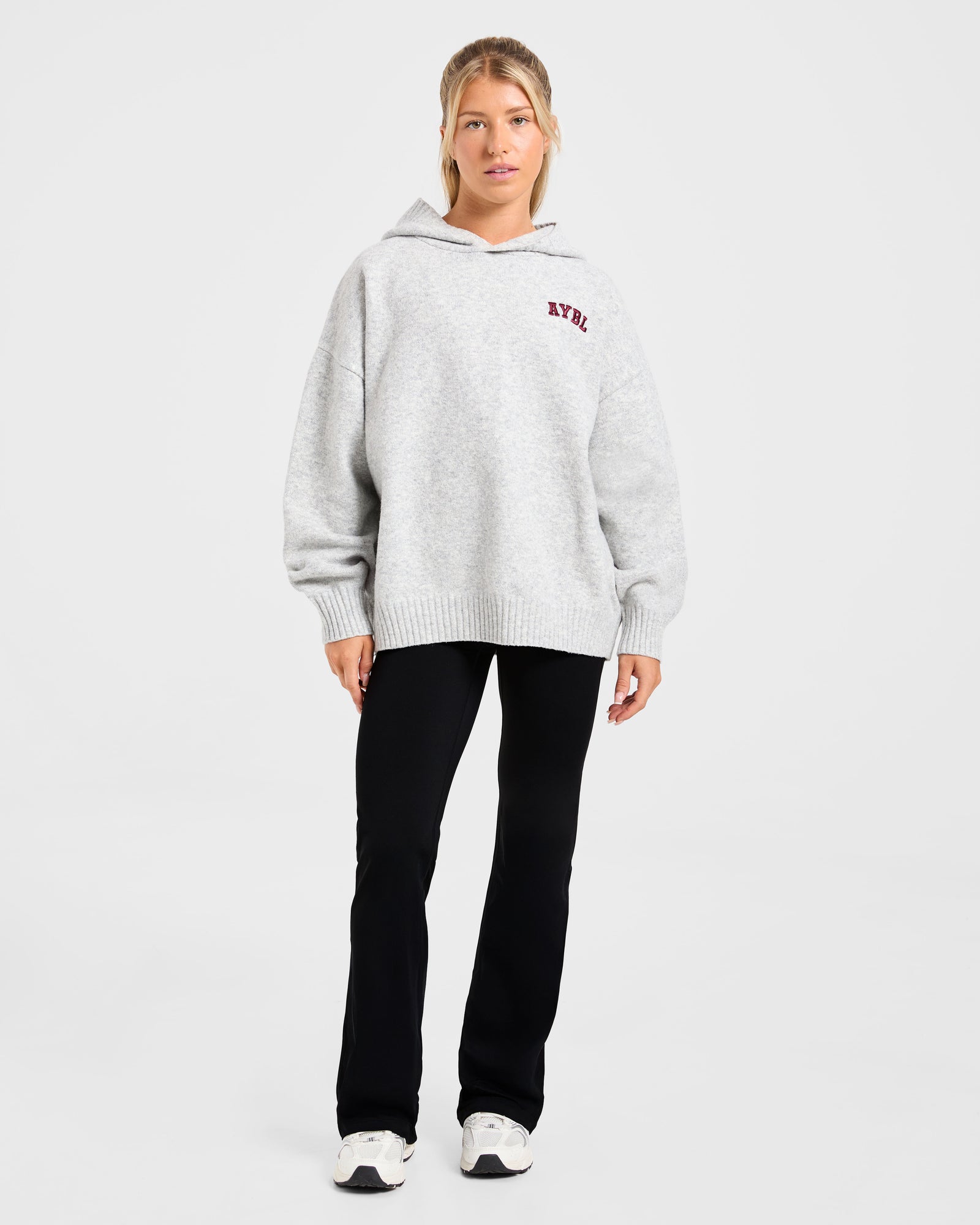Varsity Minimal Logo Oversized Knitted Hoodie - Grey Marl/Burgundy