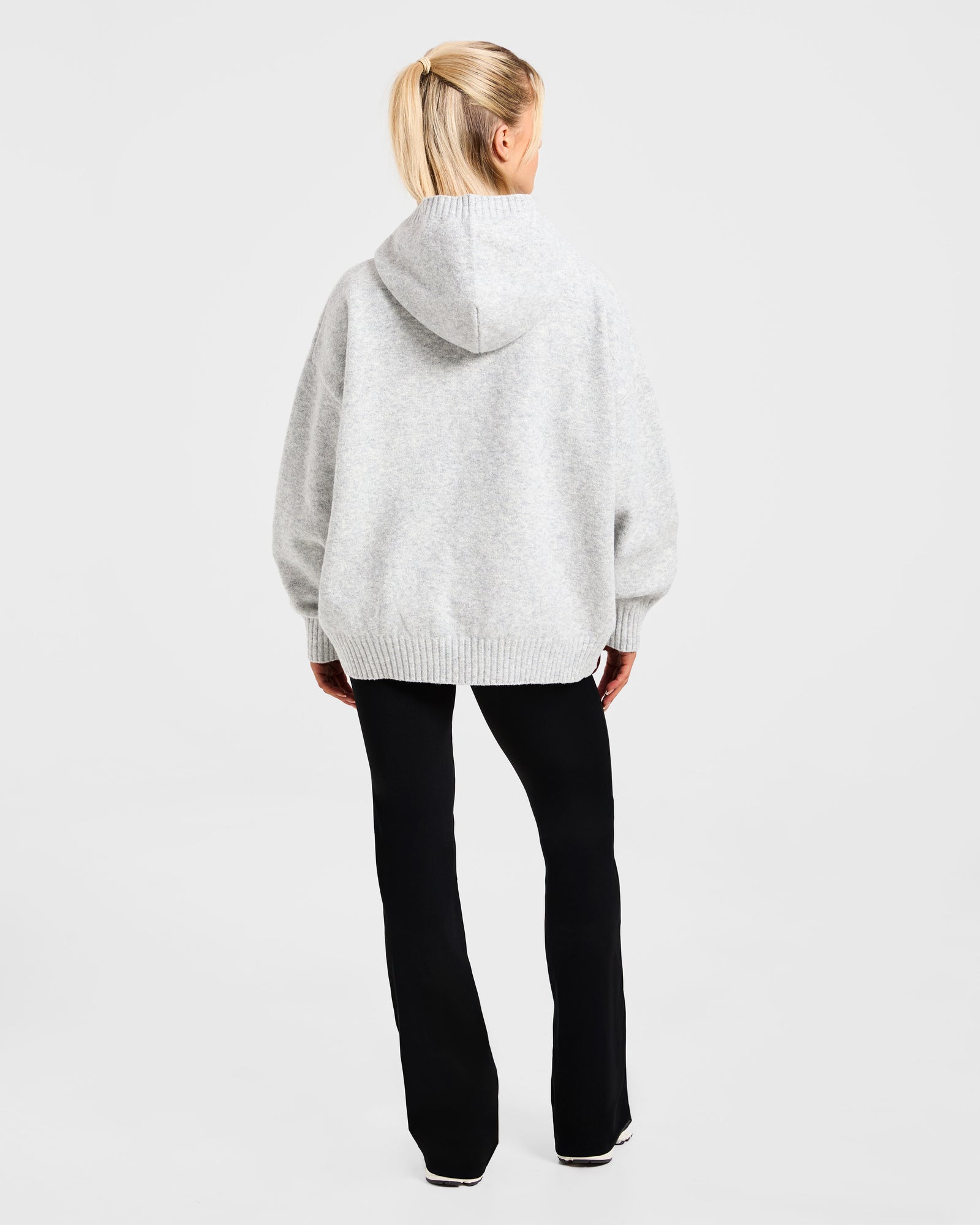 Varsity Minimal Logo Oversized Knitted Hoodie - Grey Marl/Burgundy