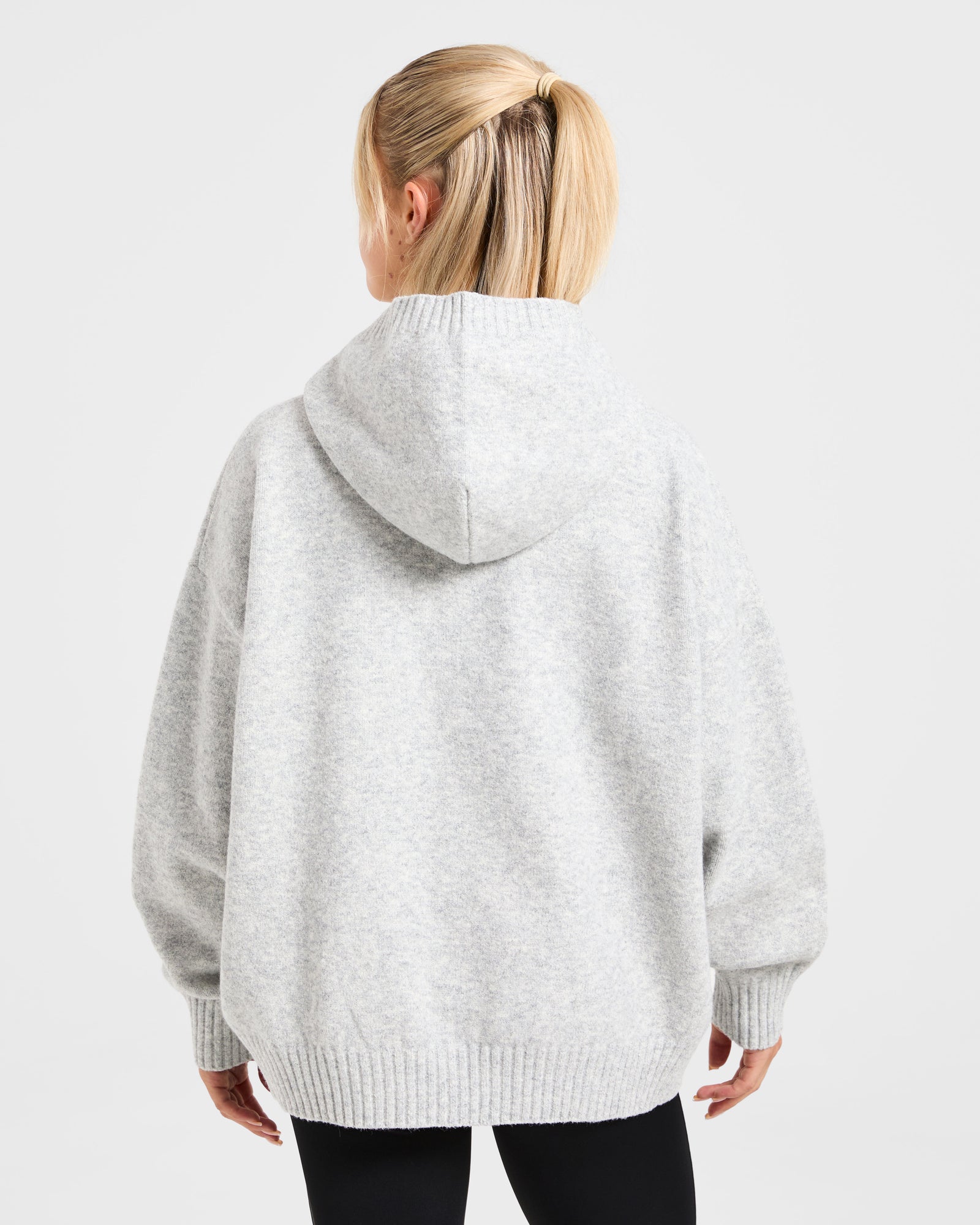 Varsity Minimal Logo Oversized Knitted Hoodie - Grey Marl/Burgundy