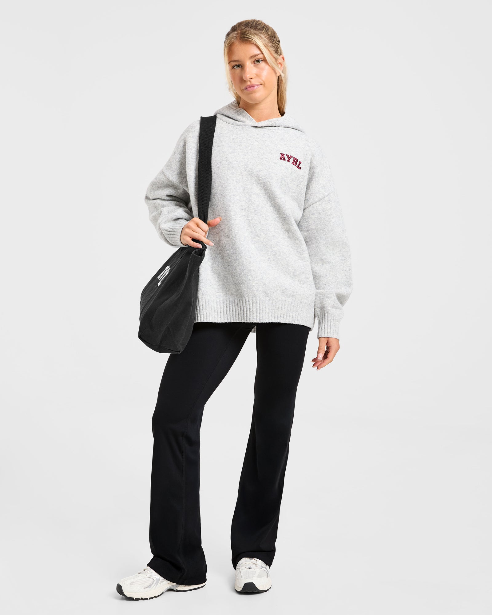 Varsity Minimal Logo Oversized Knitted Hoodie - Grey Marl/Burgundy