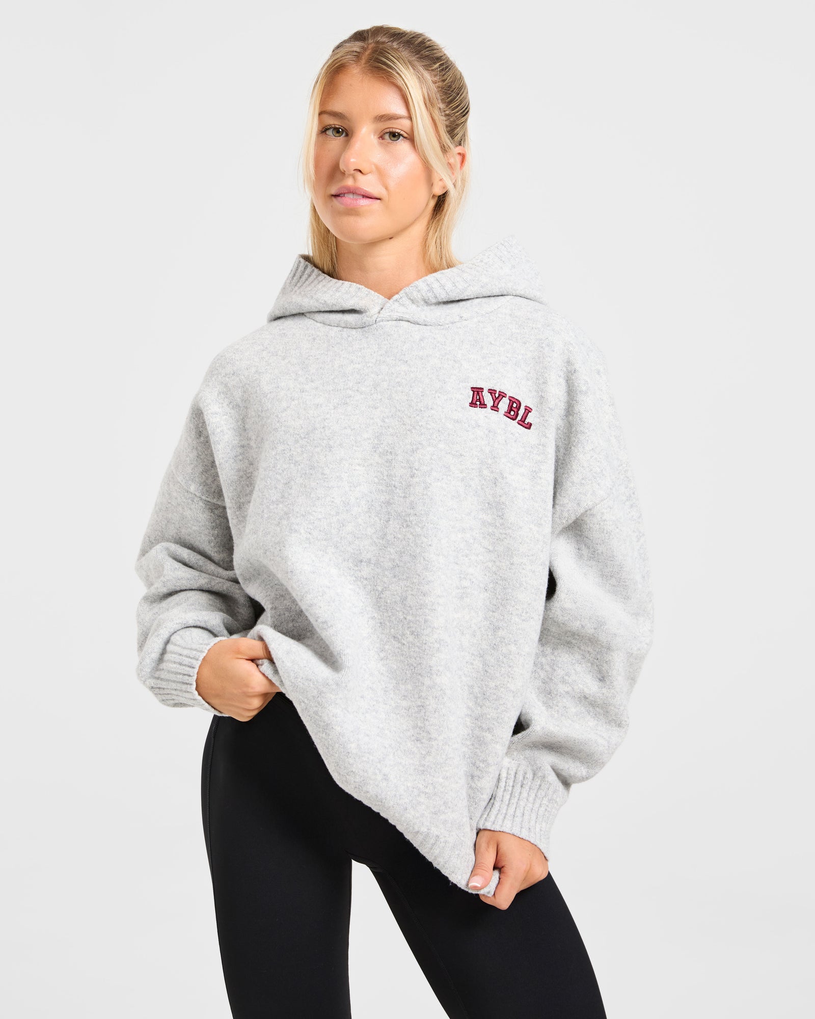 Varsity Minimal Logo Oversized Knitted Hoodie - Grey Marl/Burgundy