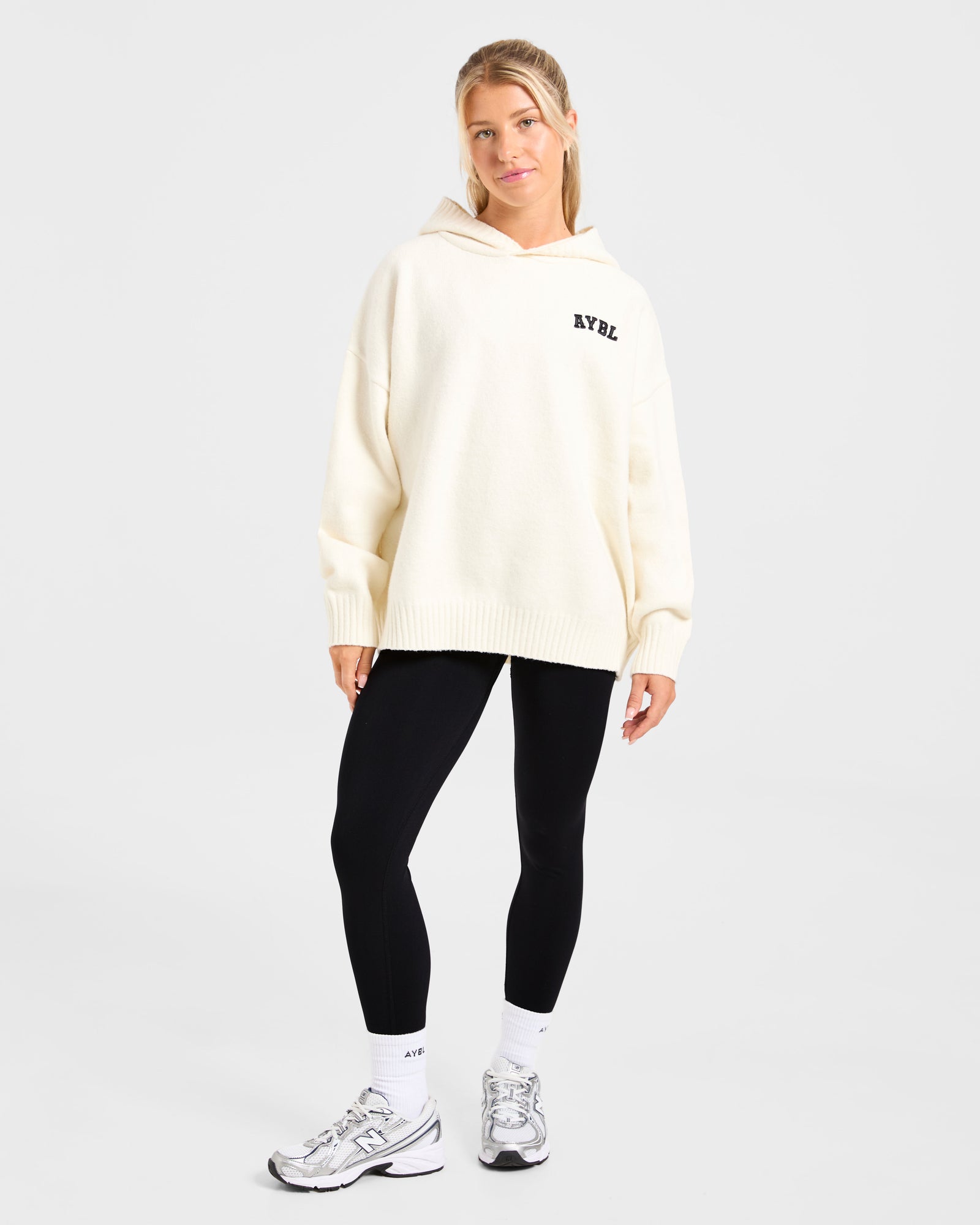 JD Varsity Minimal Logo Oversized Knitted Hoodie - Cream
