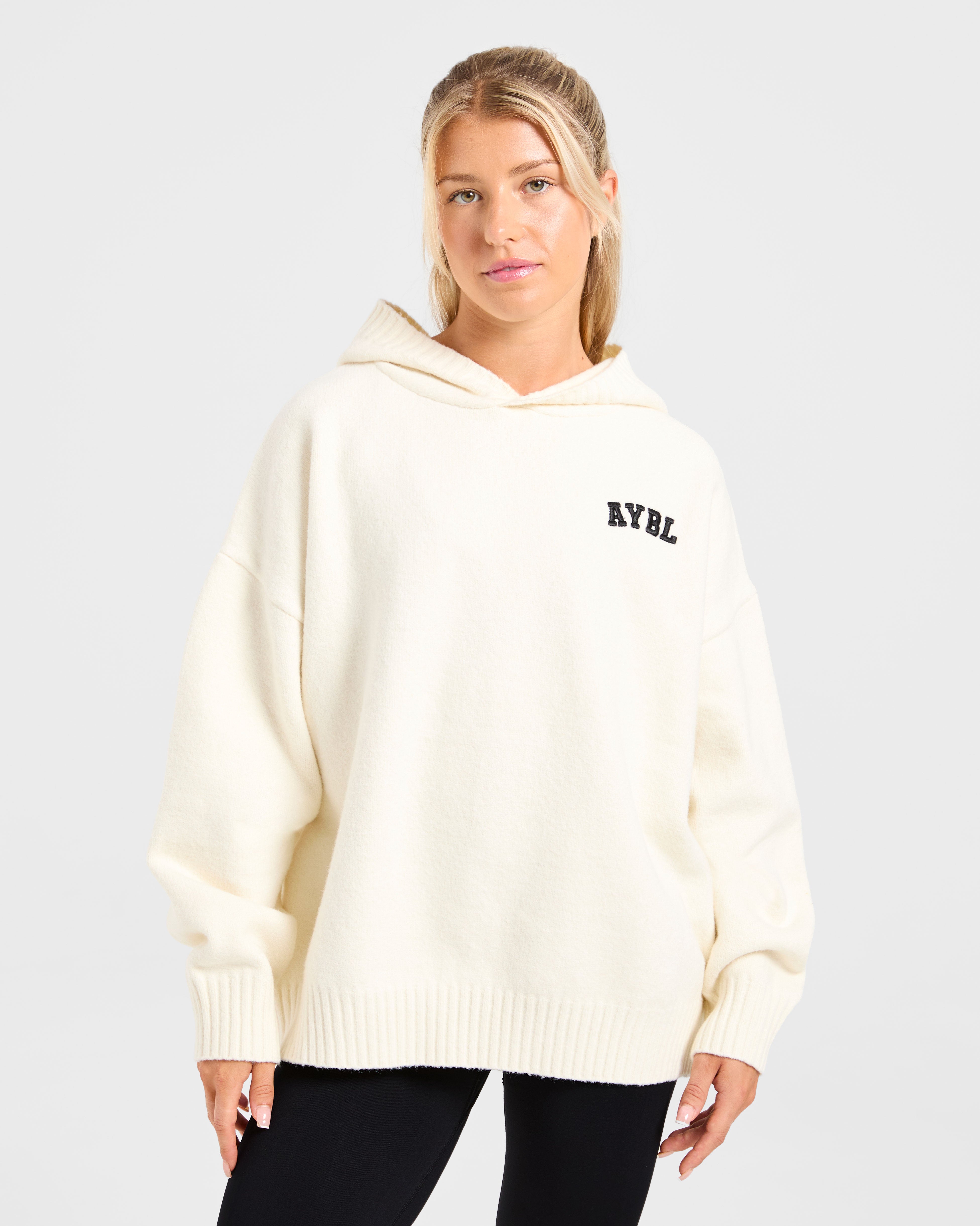 Varsity Minimal Logo Oversized Knitted Hoodie - Cream