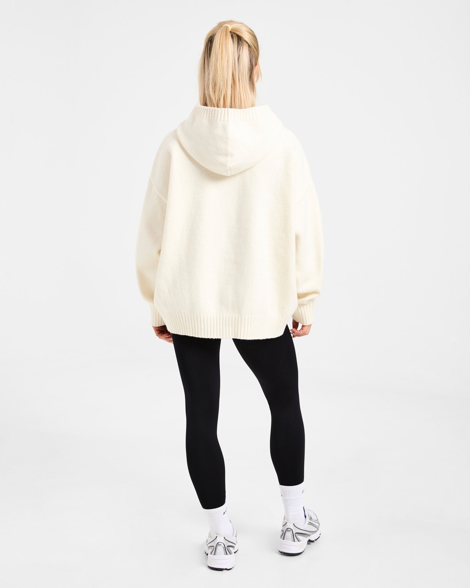 Varsity Minimal Logo Oversized Knitted Hoodie - Cream