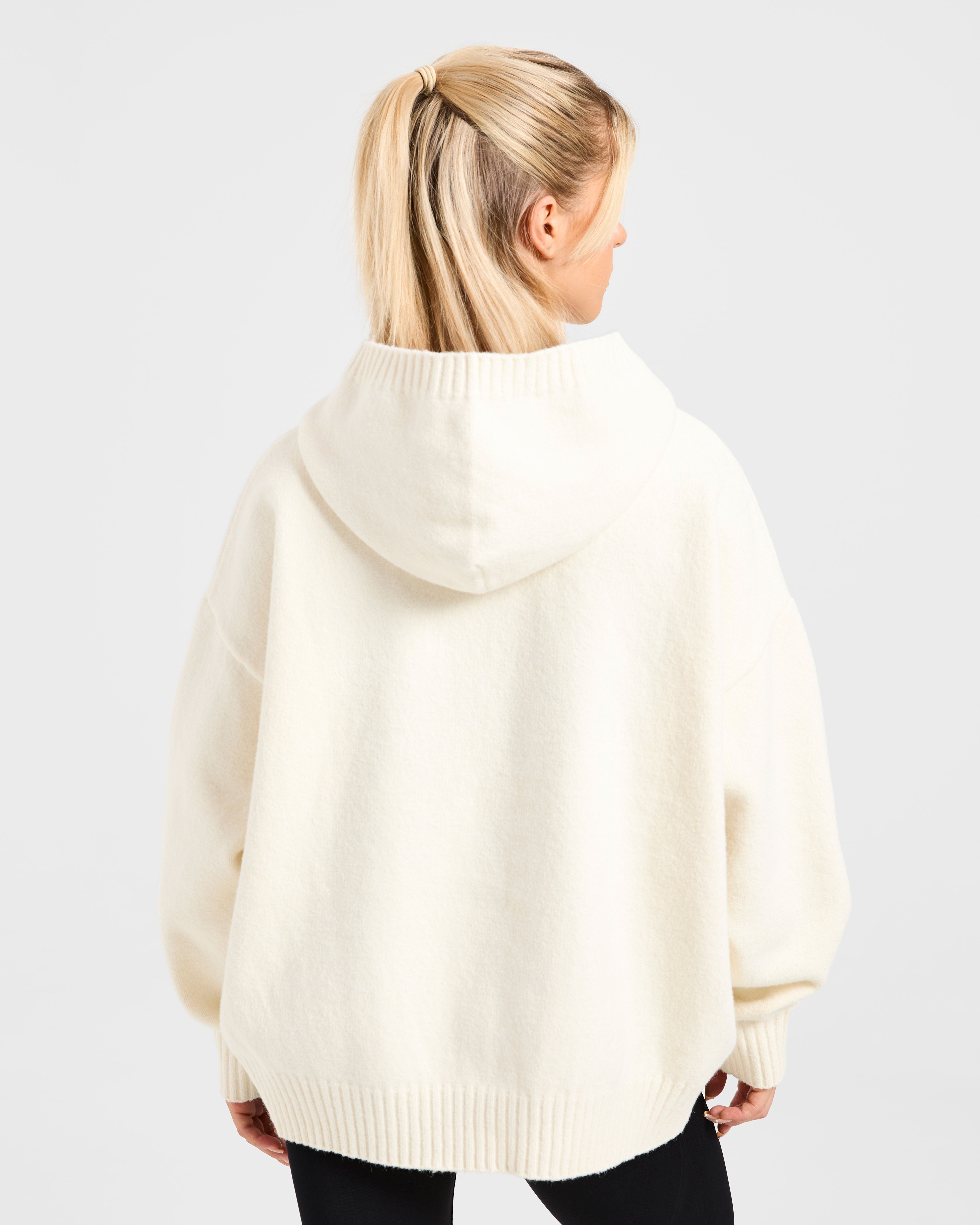 Varsity Minimal Logo Oversized Knitted Hoodie - Cream