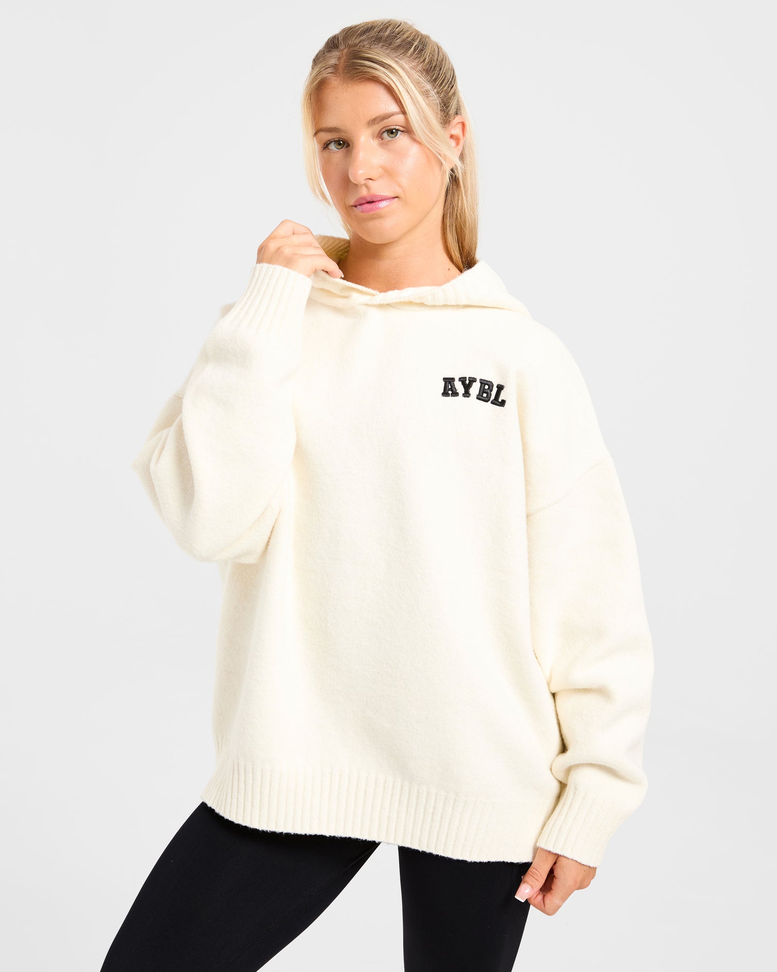 JD Varsity Minimal Logo Oversized Knitted Hoodie - Cream