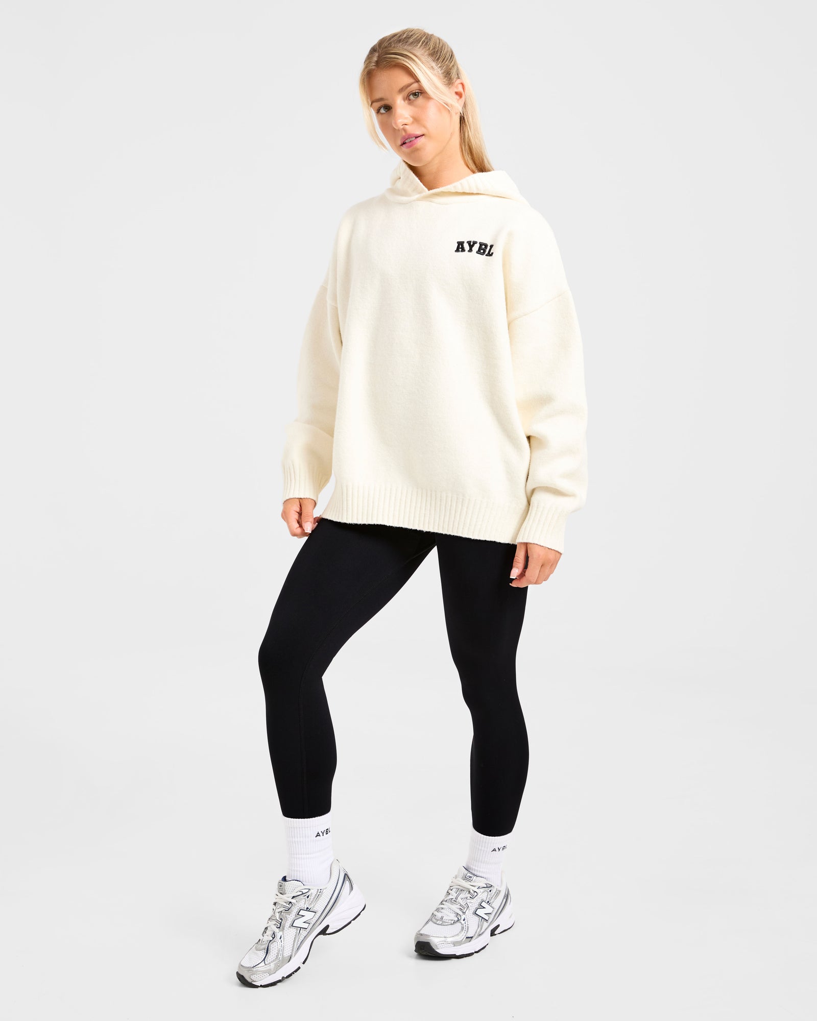 JD Varsity Minimal Logo Oversized Knitted Hoodie - Cream