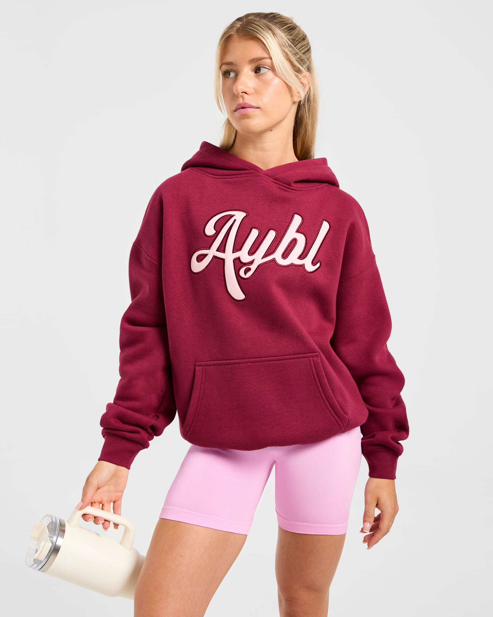 Script Embroidered Oversized Hoodie - Burgundy/Pink
