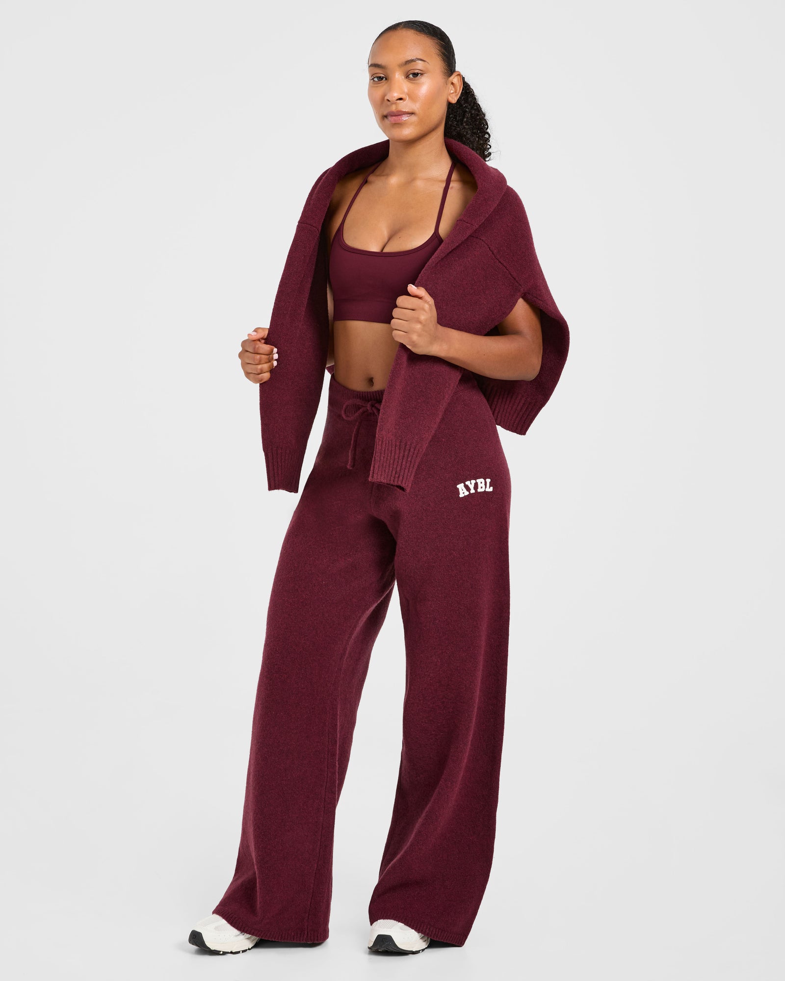 Varsity Oversized Knitted Joggers - Burgundy