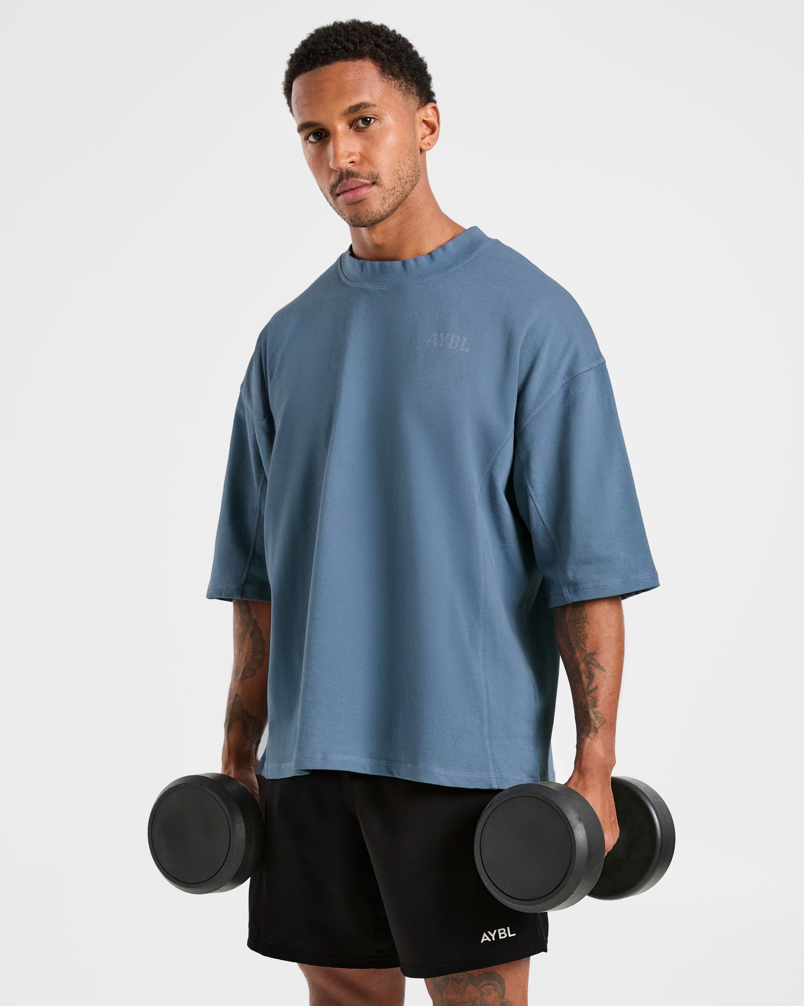 Lift Club Distressed Oversized T Shirt - Washed Indigo