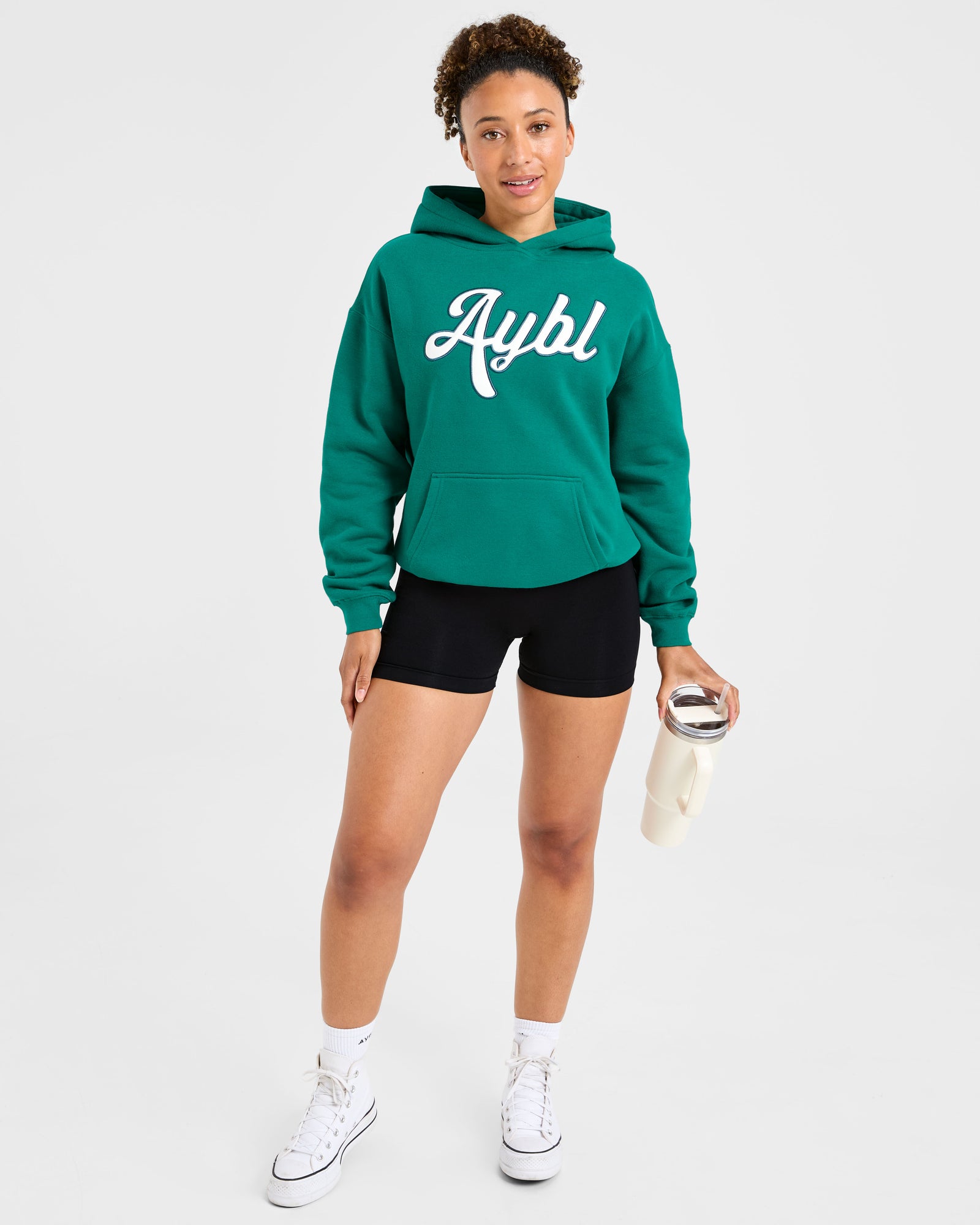 Script Embroidered Oversized Hoodie - Sports Green
