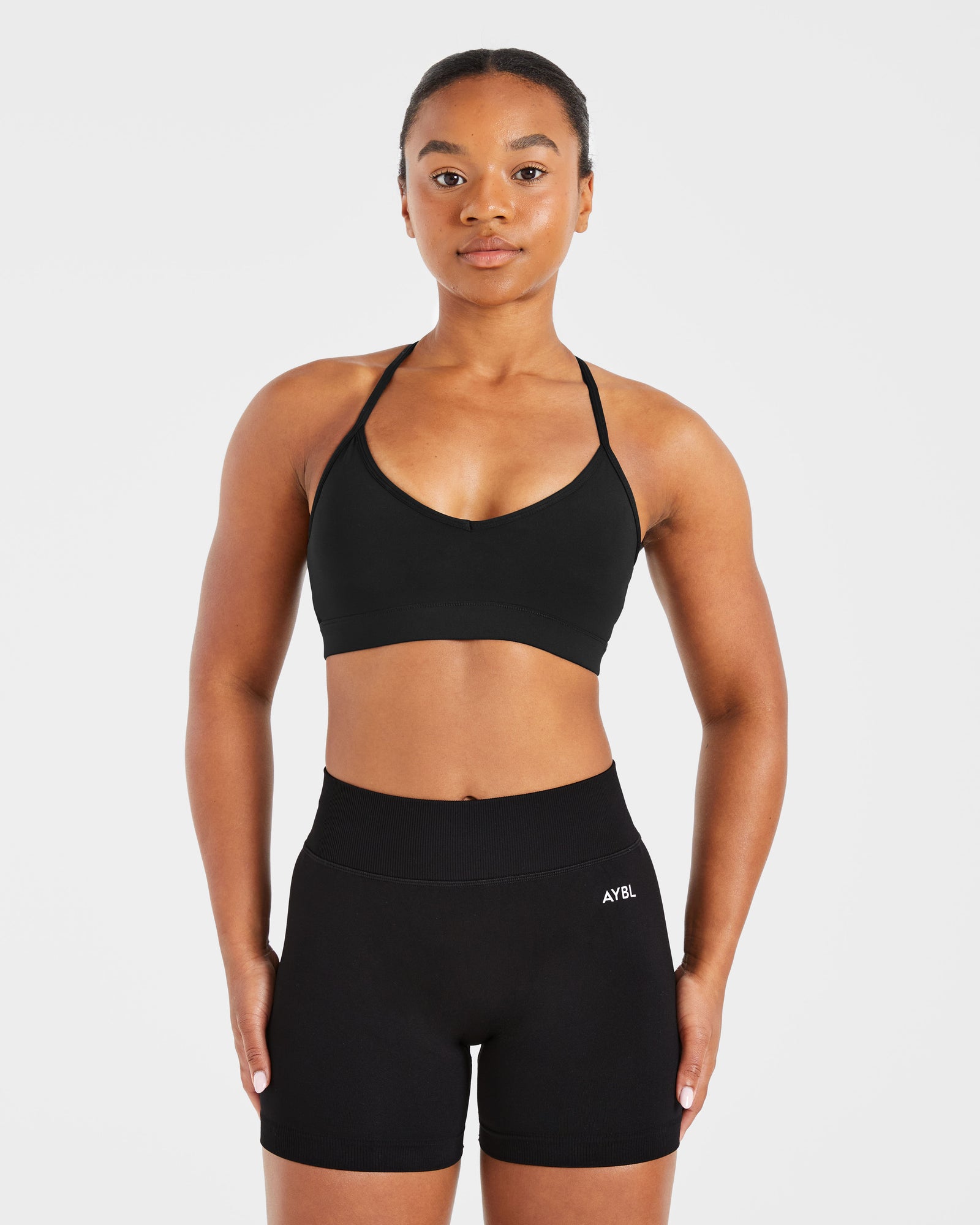 Essential V Neck Strappy Sports Bra - Black