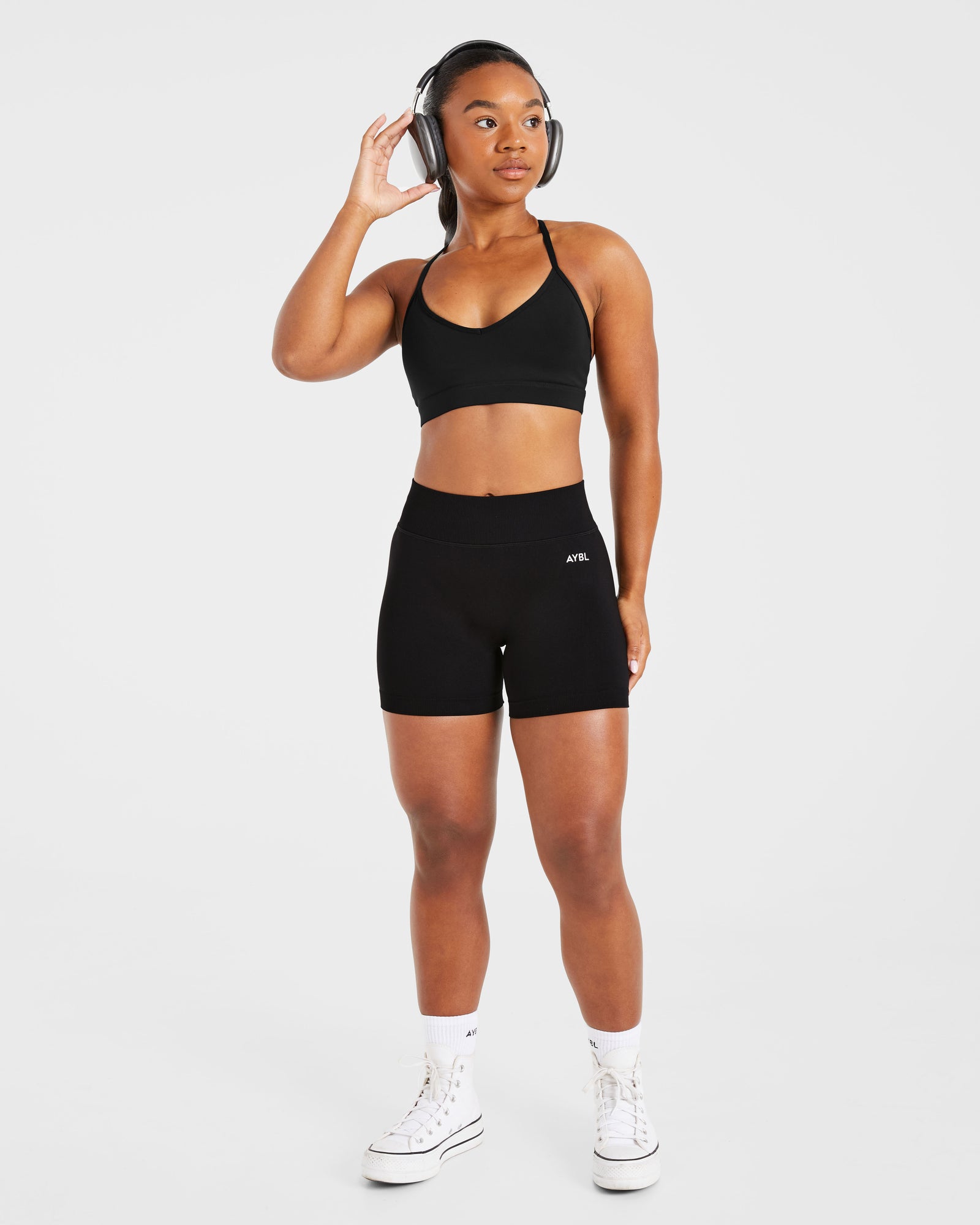 Essential V Neck Strappy Sports Bra - Black