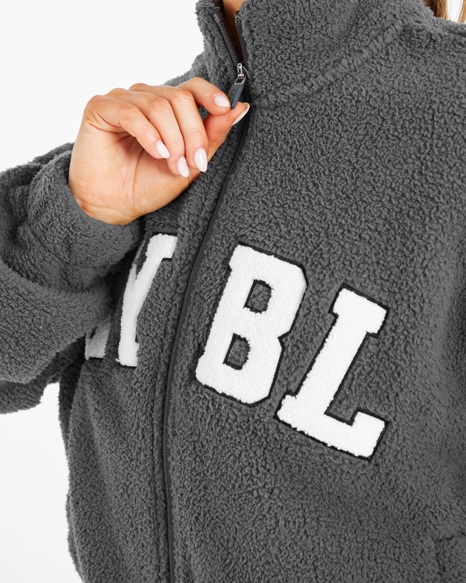 Varsity Oversized Fleece Zip Up Jacket - Charcoal