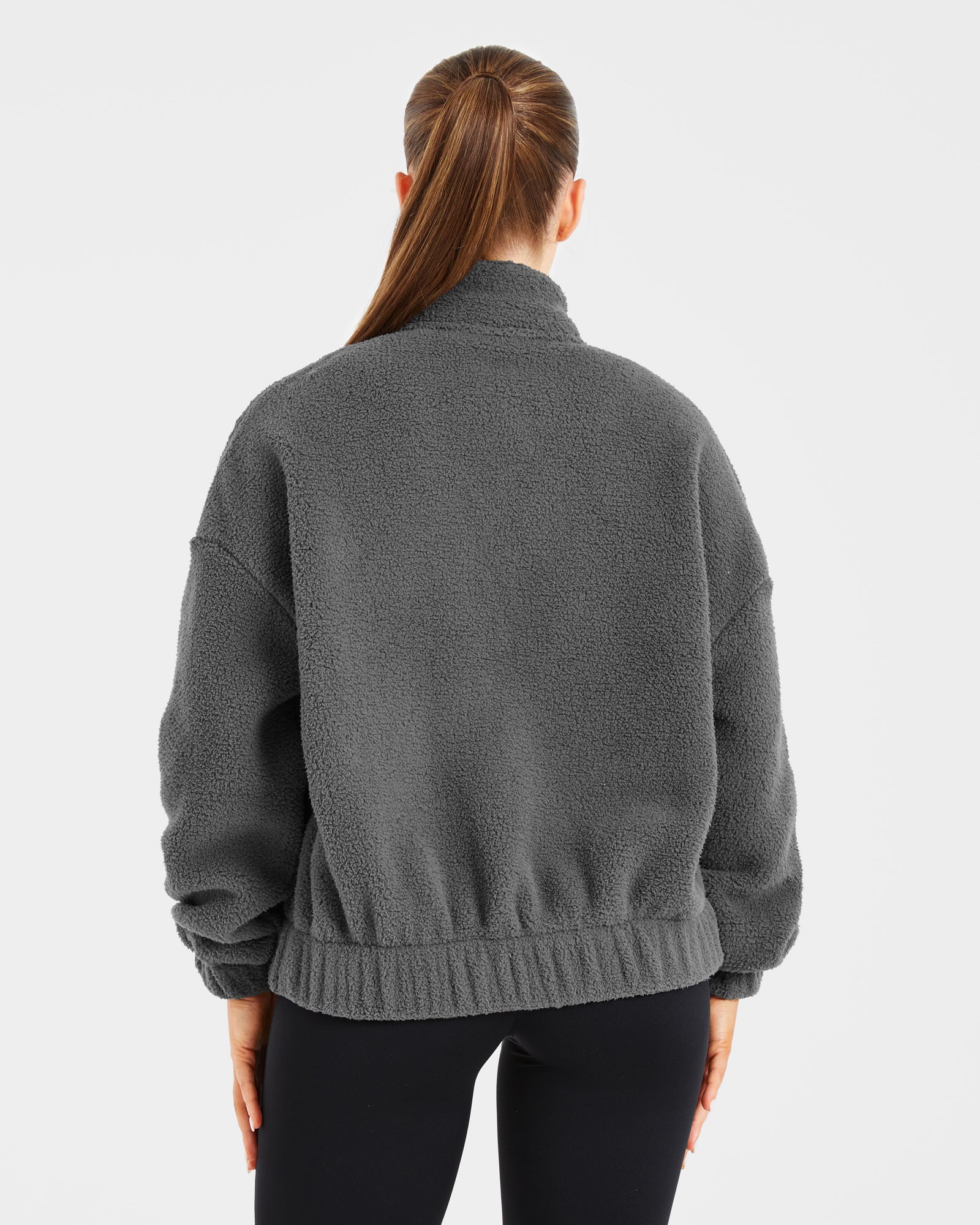 Varsity Oversized Fleece Zip Up Jacket - Charcoal