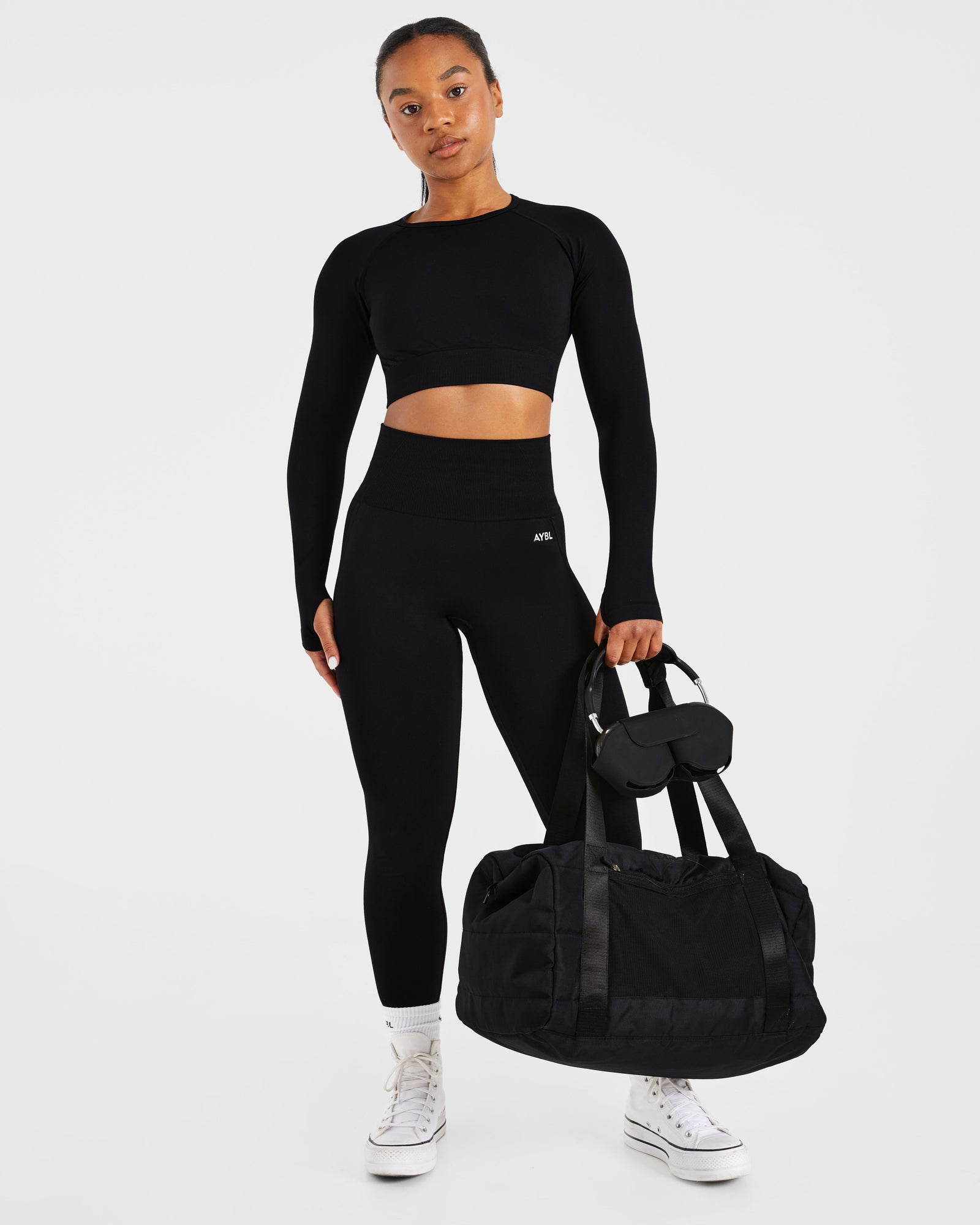 Haut court à manches longues sans couture Empower - Noir