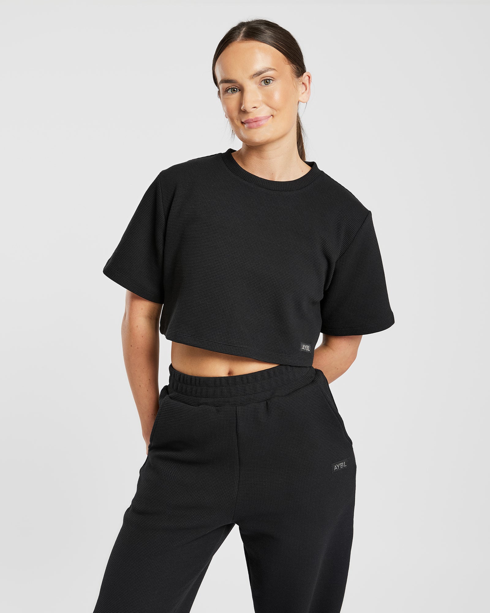Waffle Boxy Crop Top - Black