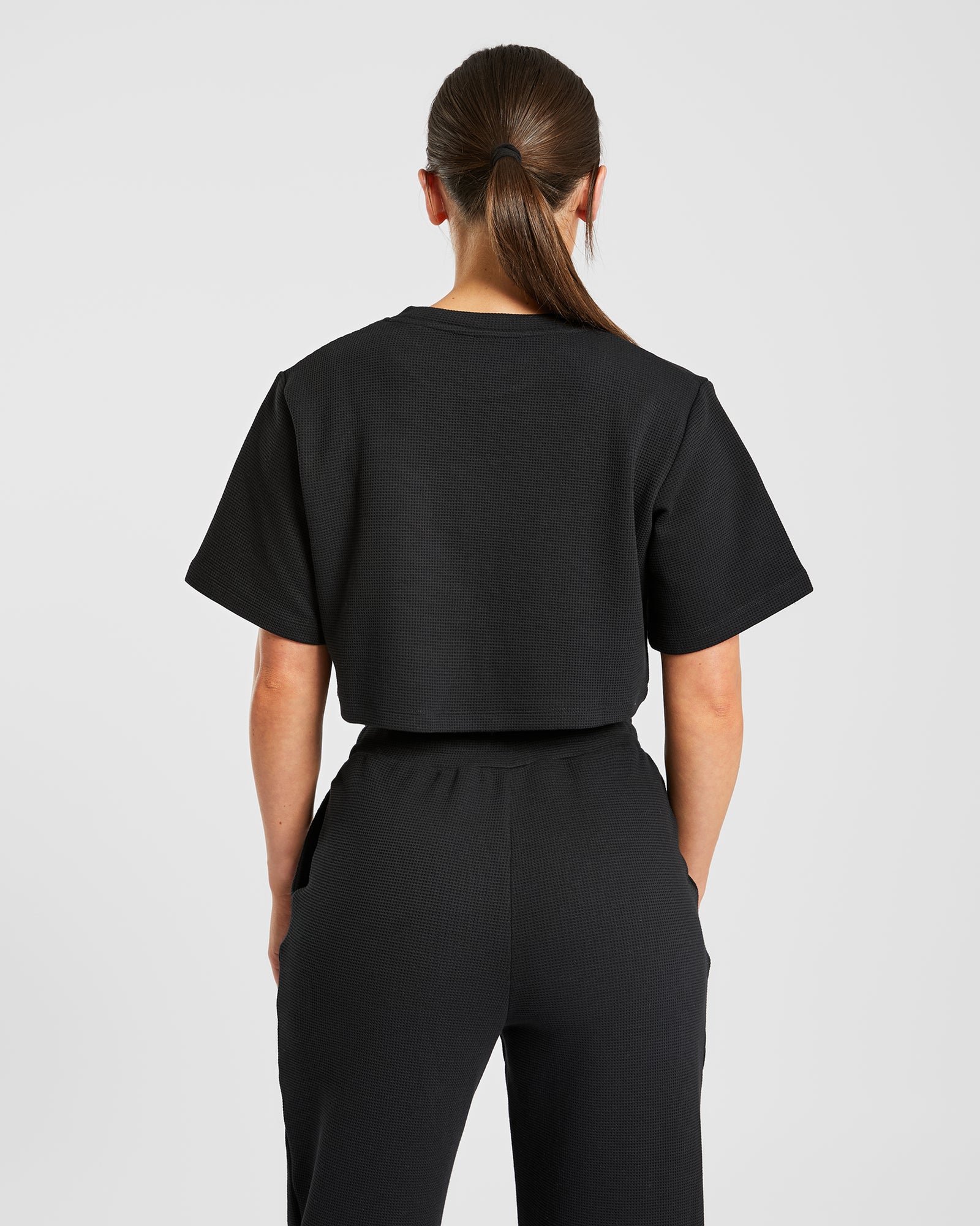 Waffle Boxy Crop Top - Black
