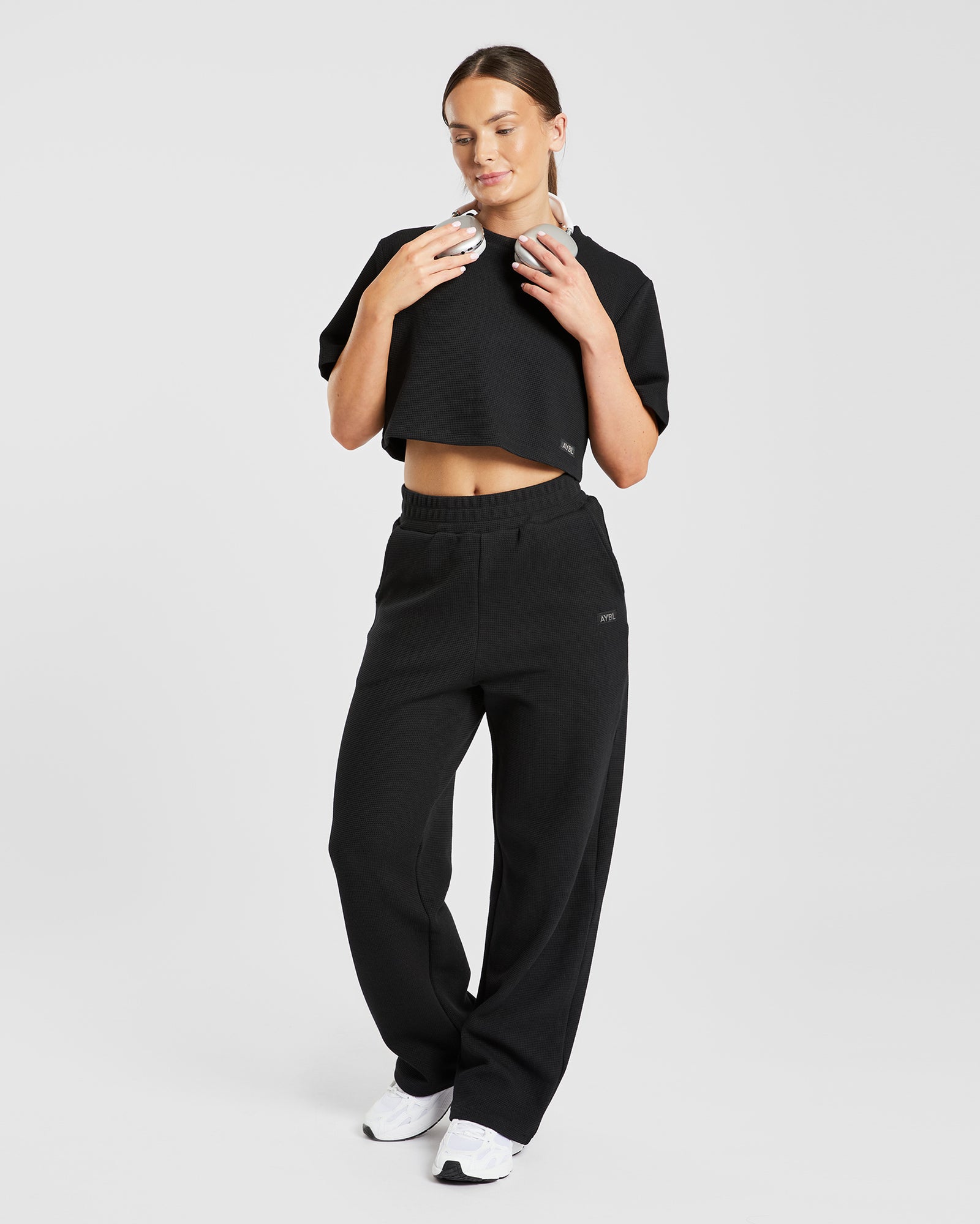 Waffle Boxy Crop Top - Black