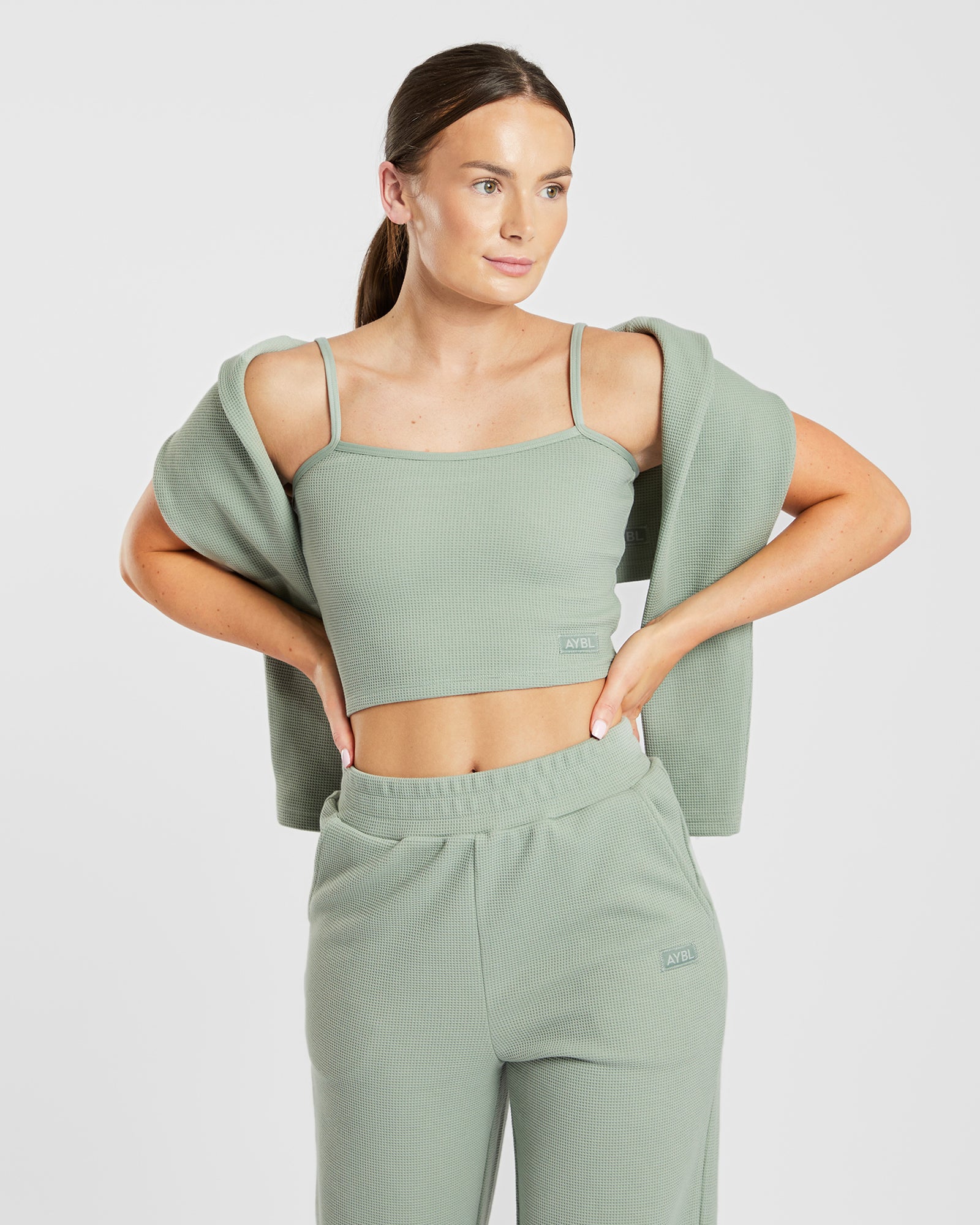 Pantalon de jogging droit gaufré - Vert sauge