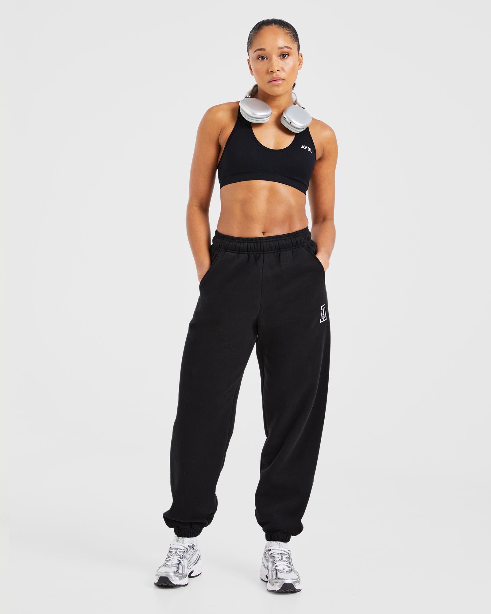 Varsity Embroidered Oversized Joggers - Black